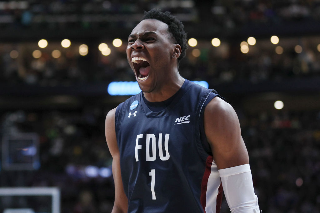 Joe Munden Jr. of the Fairleigh Dickinson Knights celebrates during the second half of a game against the Purdue Boilermakers in the first round of the NCAA Men's Basketball Tournament at Nationwide Arena on March 17, 2023 in Columbus, Ohio. (Andy Lyons–Getty Images)