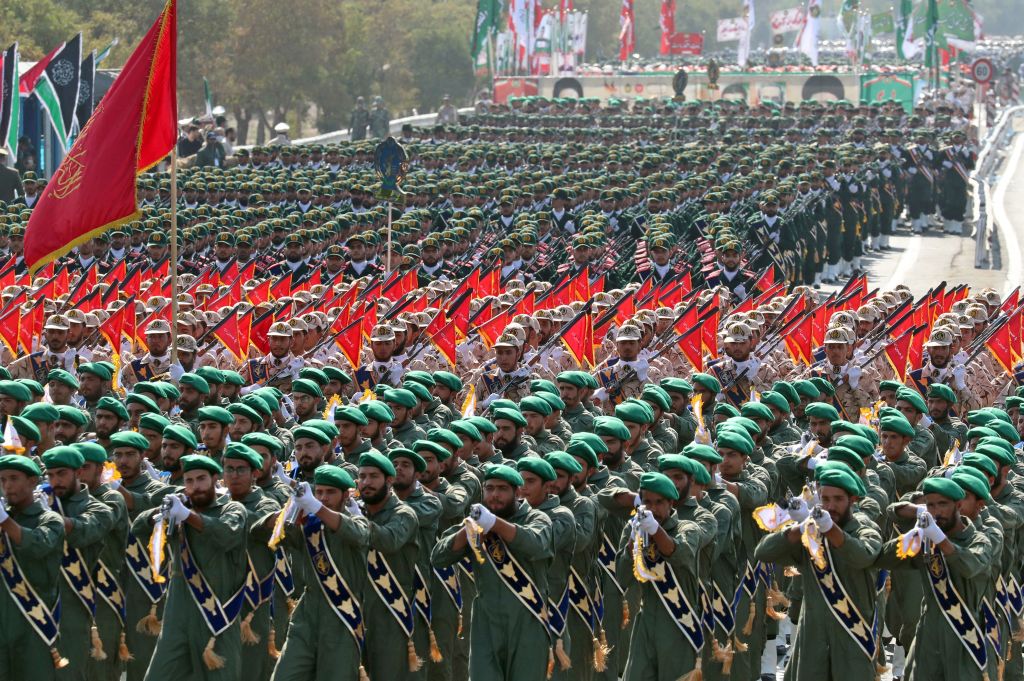 Iranian soldiers march during the annual military parade marking the anniversary of the outbreak of the devastating 1980-1988 war with Saddam Hussein's Iraq, in the capital Tehran on September 22, 2022. (AFP-Getty Images)
