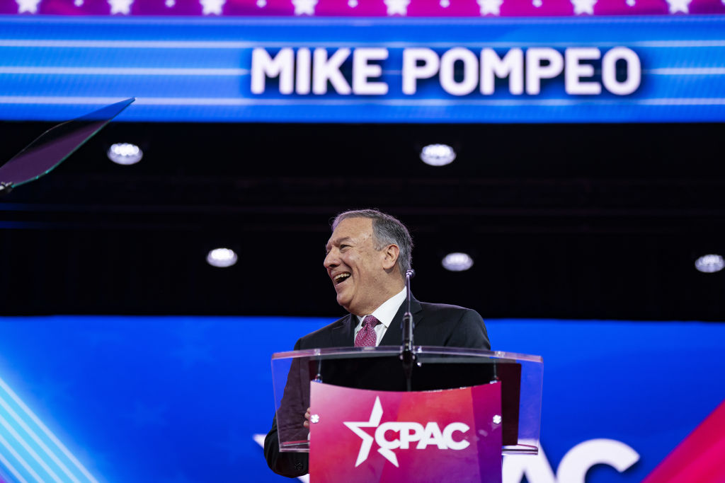 Former Secretary of State Mike Pompeo speaks addresses the crowd at CPAC in National Harbor, MD on March 3, 2023. (Al Drago—Bloomberg via Getty Images)