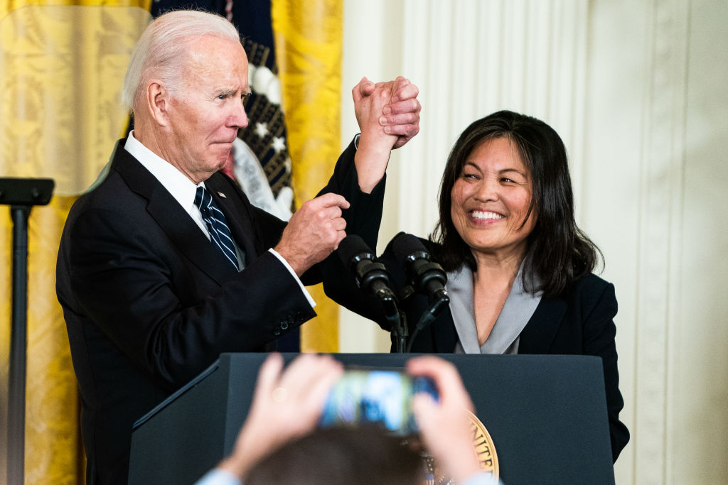 President Joe Biden and Julie Su at the White House on March 1, 2023, when he announced her nomination be his next Secretary of Labor (Demetrius Freeman—The Washington Post via Getty Images)