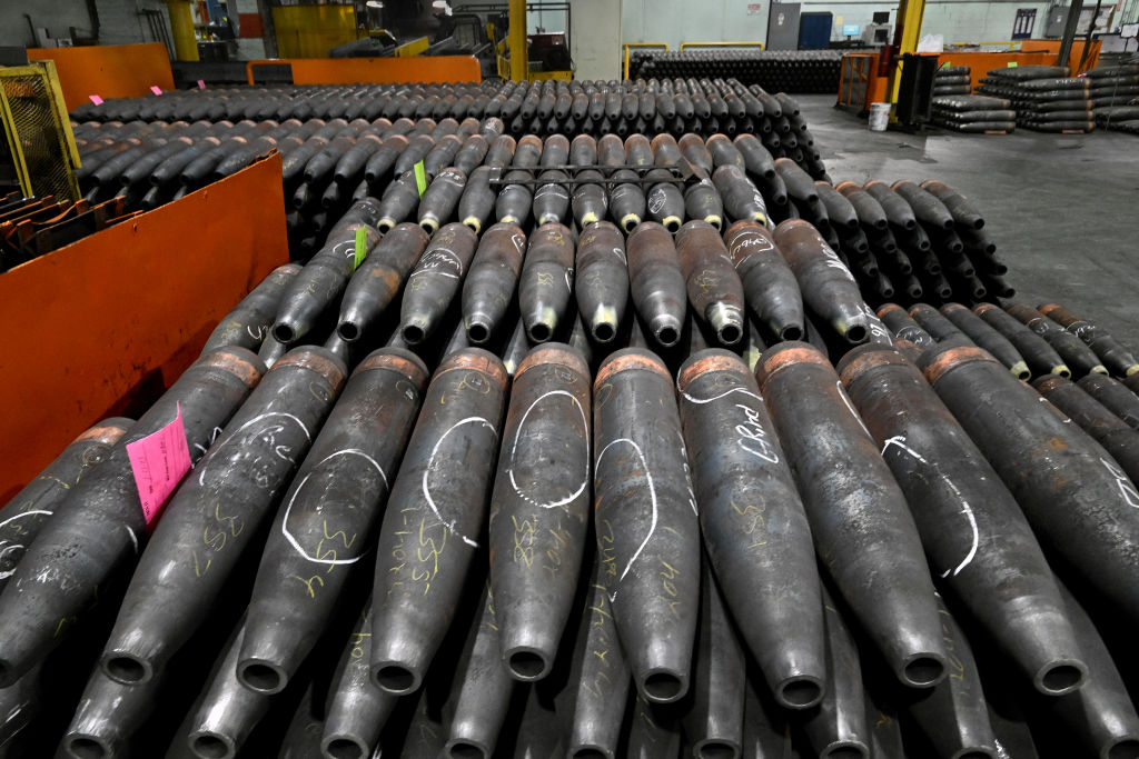 Rows of nearly finished shells on the factory floor in Scranton, Pennsylvania on Feb. 1, 2023. Production of 155mm shells has been steady as the U.S. commitment to the war in Ukraine ramps up. (Michael S. Williamson/The Washington Post via Getty Images)