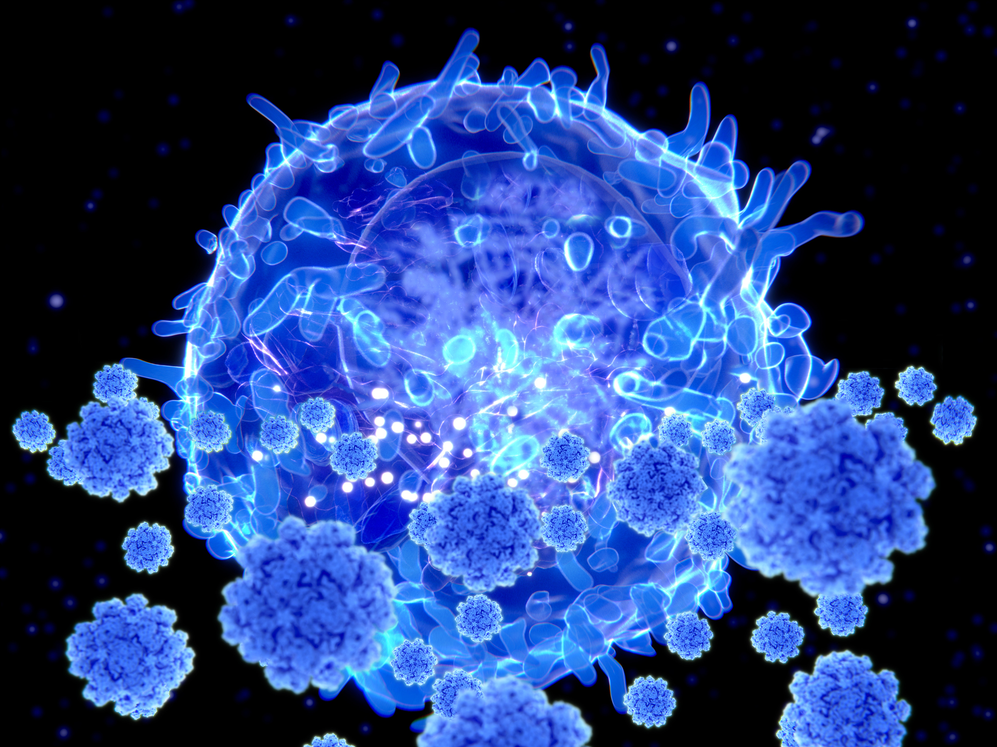 Illustration of a T cell targeting SARS-CoV-2 particles