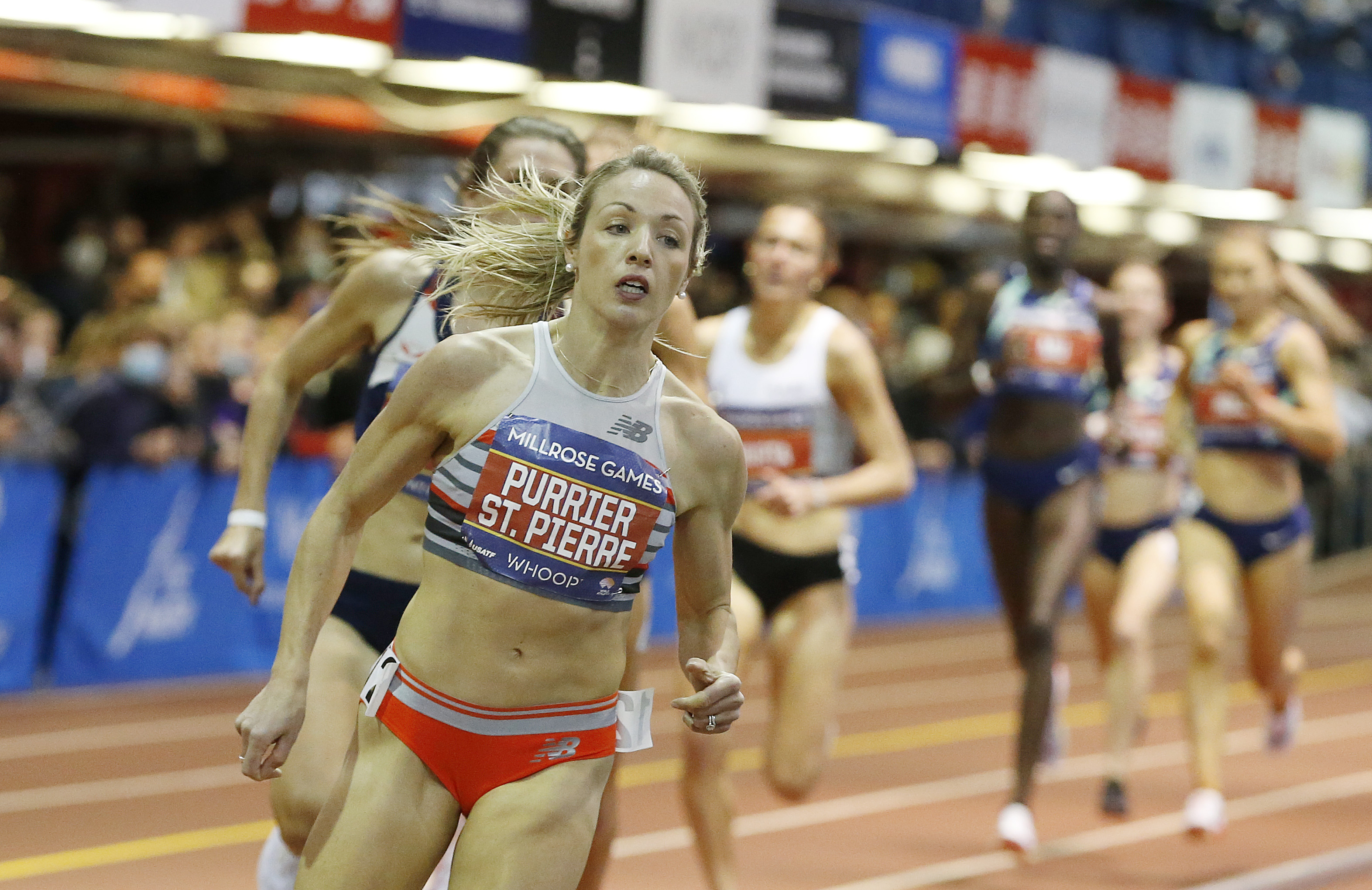 Elle Purrier St. Pierre of the United States leads the field during the Whoop Wanamaker Mile during the 114th Millrose Games held at The Armory Track on January 29, 2022 in New York City. (Michael Cohen—Getty Images)