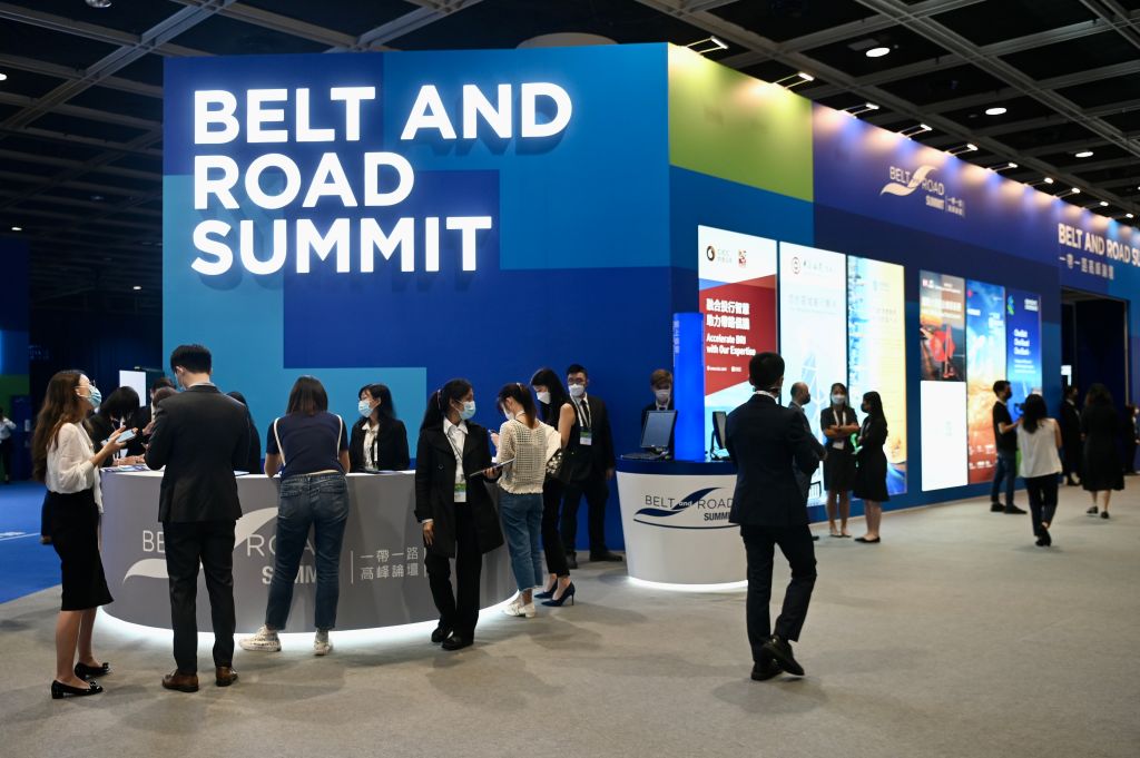People visit an exhibition on the sidelines of the 7th Belt and Road Summit on Aug. 31, 2022 in Hong Kong. (Li Zhihua/China News Service via Getty Images)