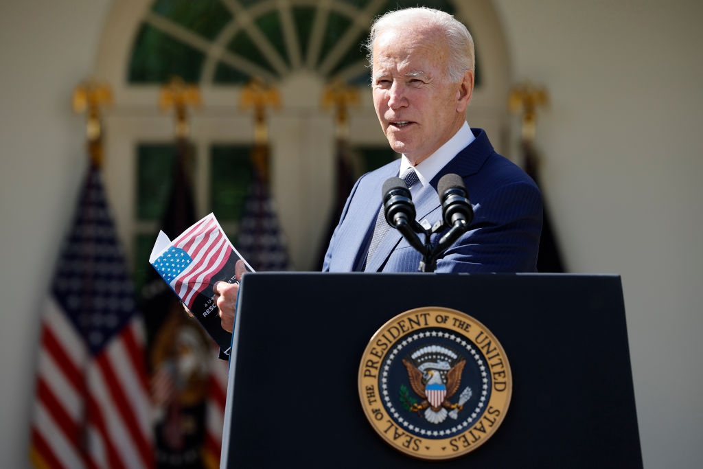 U.S. President Joe Biden holds up a piece of paper he says highlights a plan by Sen. Rick Scott (R-FL) while delivering remarks about lowering health care costs and strengthening Medicare in the Rose Garden at the White House on Sept. 27, 2022 in Washington, DC. (Chip Somodevilla/Getty Images)
