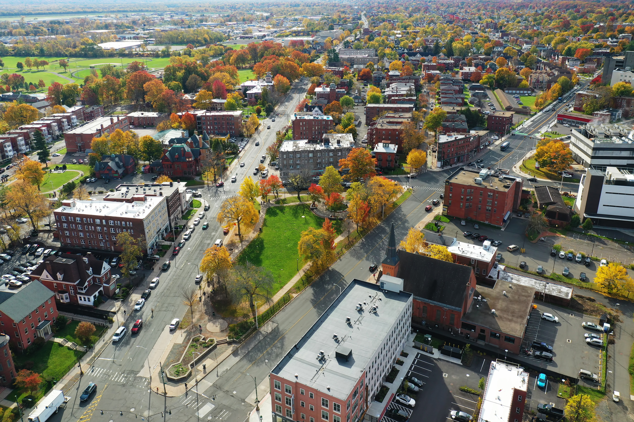 Aerial autumn scene of Hartford, Connecticut, United States