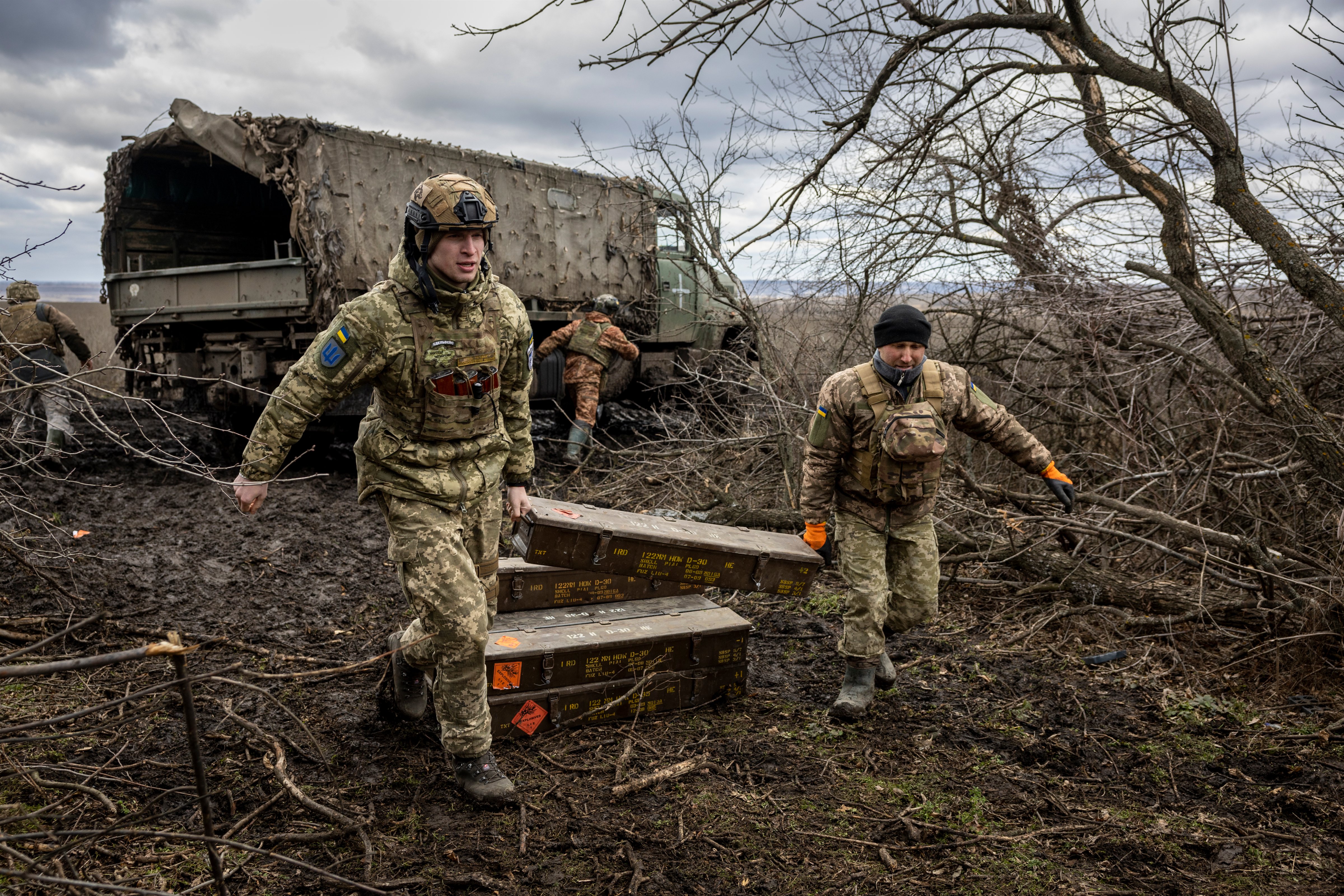 Ukrainian soldiers unload artillery shells at their frontline position in the Donetsk Region, March 02, 2023. (John Moore—Getty Images)
