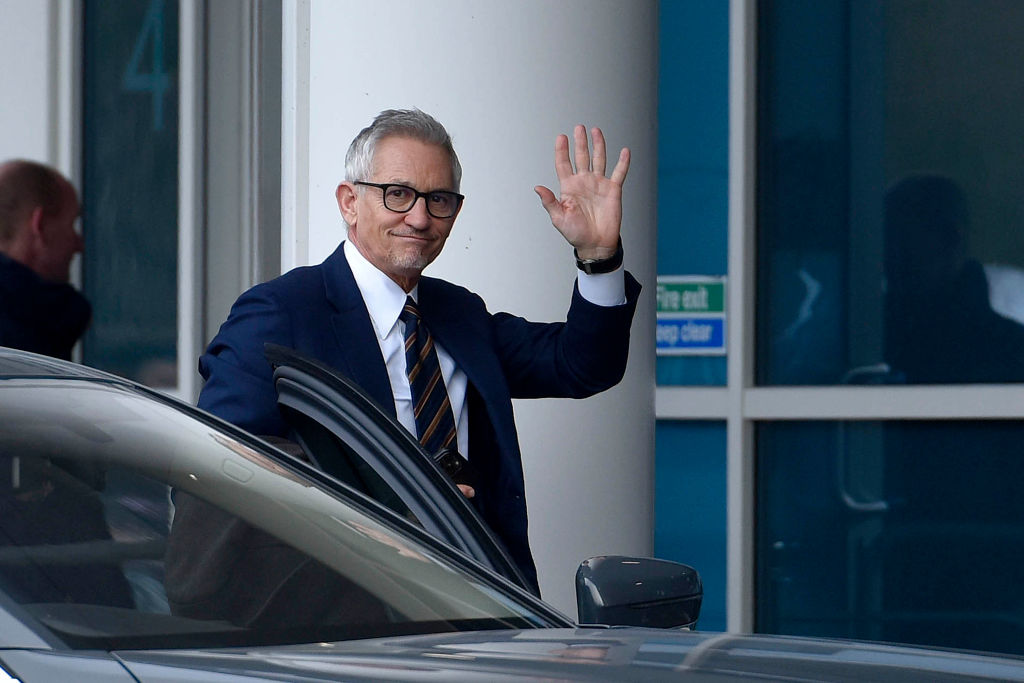 Television presenter and former player Gary Lineker arrives at the stadium before the Premier League match between Leicester City and Chelsea FC at The King Power Stadium on March 11, 2023 in Leicester, England. (Malcolm Couzens—Getty Images)