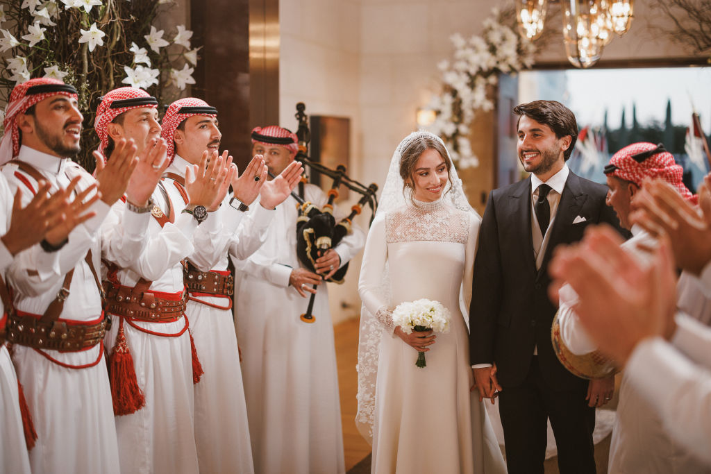 In this handout from the Jordanian Royal Court,  The Royal wedding of Princess Iman Bint Abdullah II and Jameel Alexander Thermiotis on March 12, 2023 in Amman, Jordan. (Handout/Jordanian Royal Court via Getty Images)