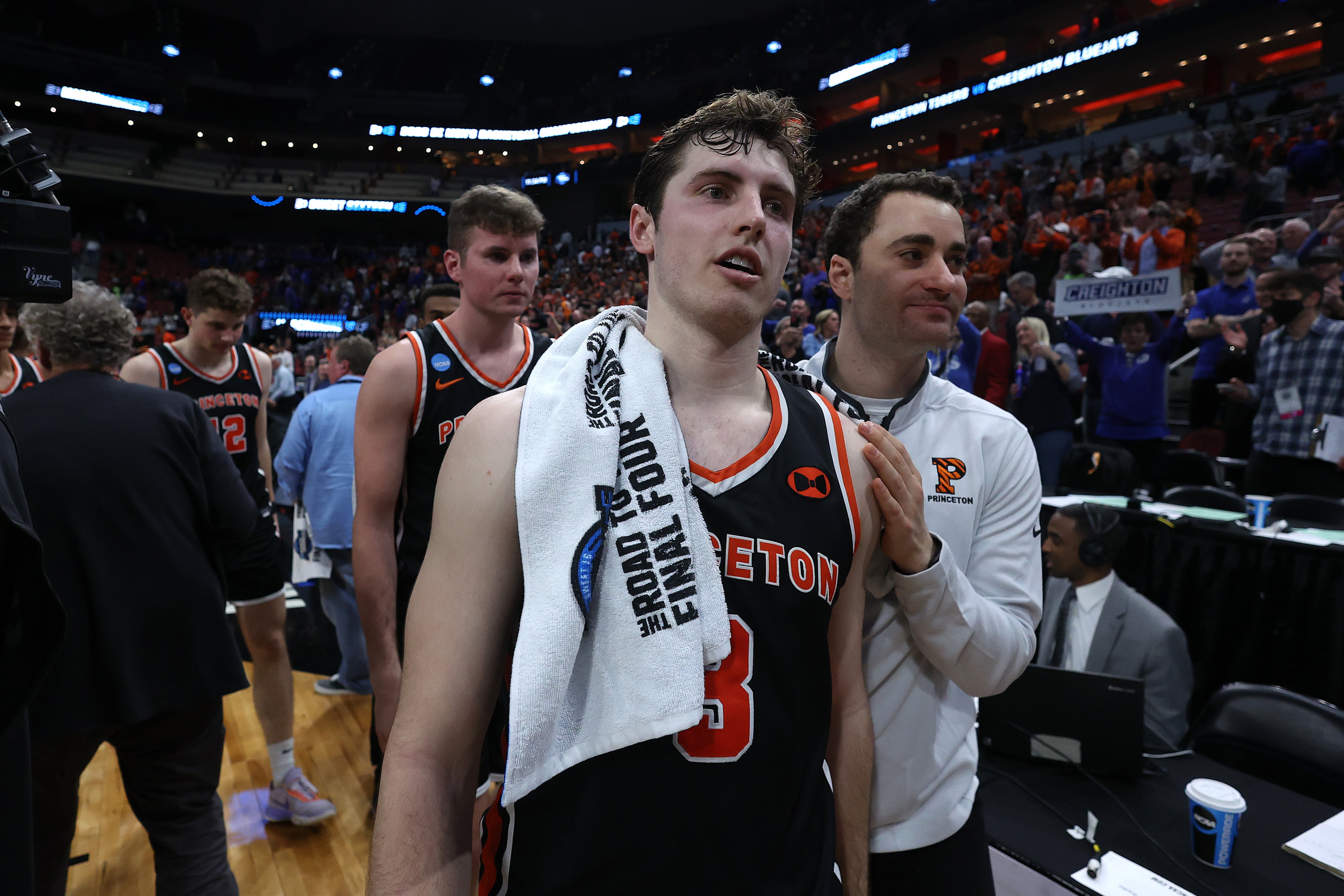 Ryan Langborg of the Princeton Tigers reacts after losing to the Creighton Bluejays in the Sweet 16 round of the NCAA Men's Basketball Tournament at KFC YUM! Center on March 24, 2023, in Louisville, Ky. (Rob Carr&mdash;2023 Getty Images) (Getty Images&mdash;2023 Getty Images)