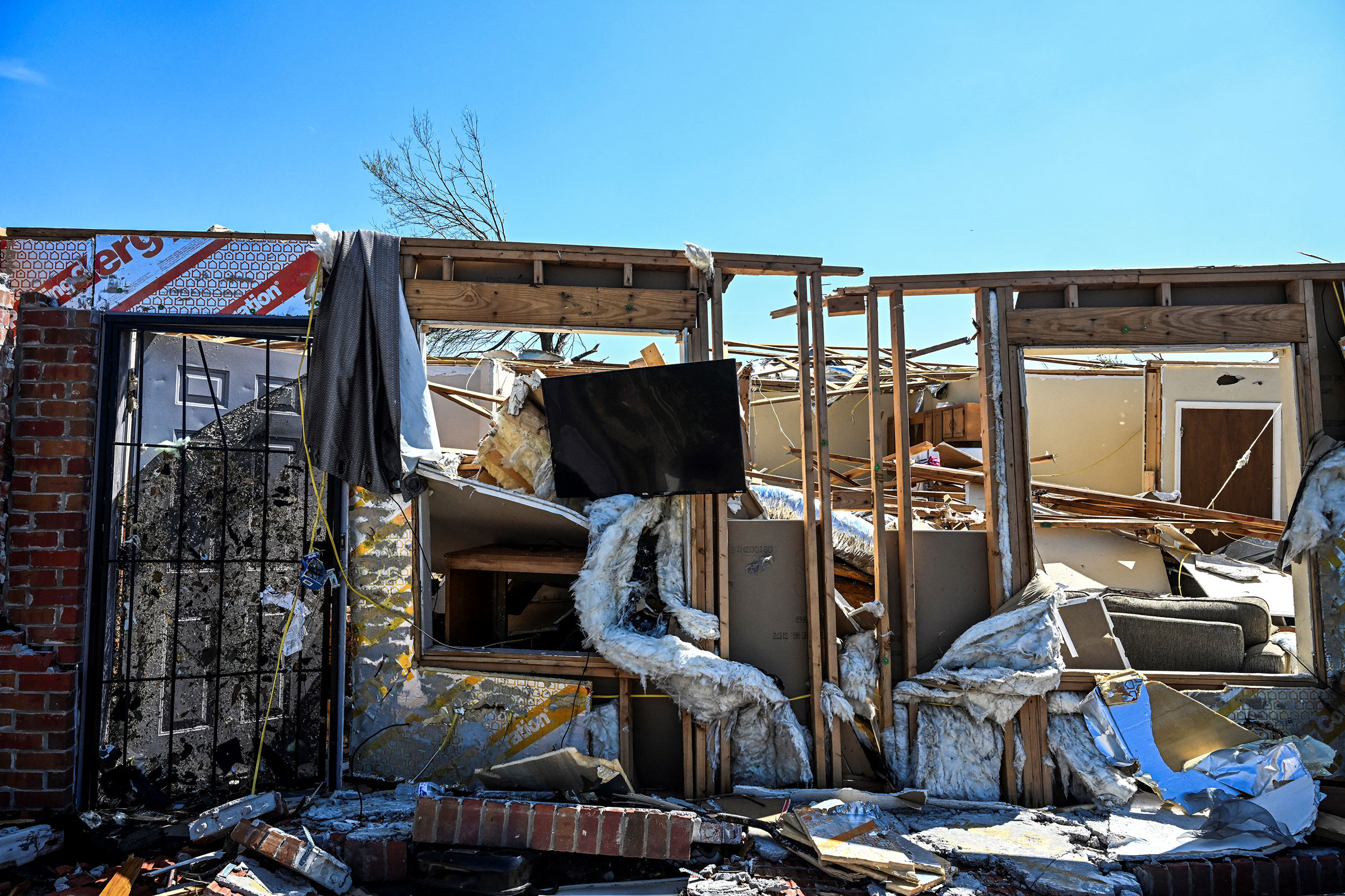 A damaged house is seen in Rolling Fork, Mississippi, after a tornado touched down in the area, on March 26, 2023.