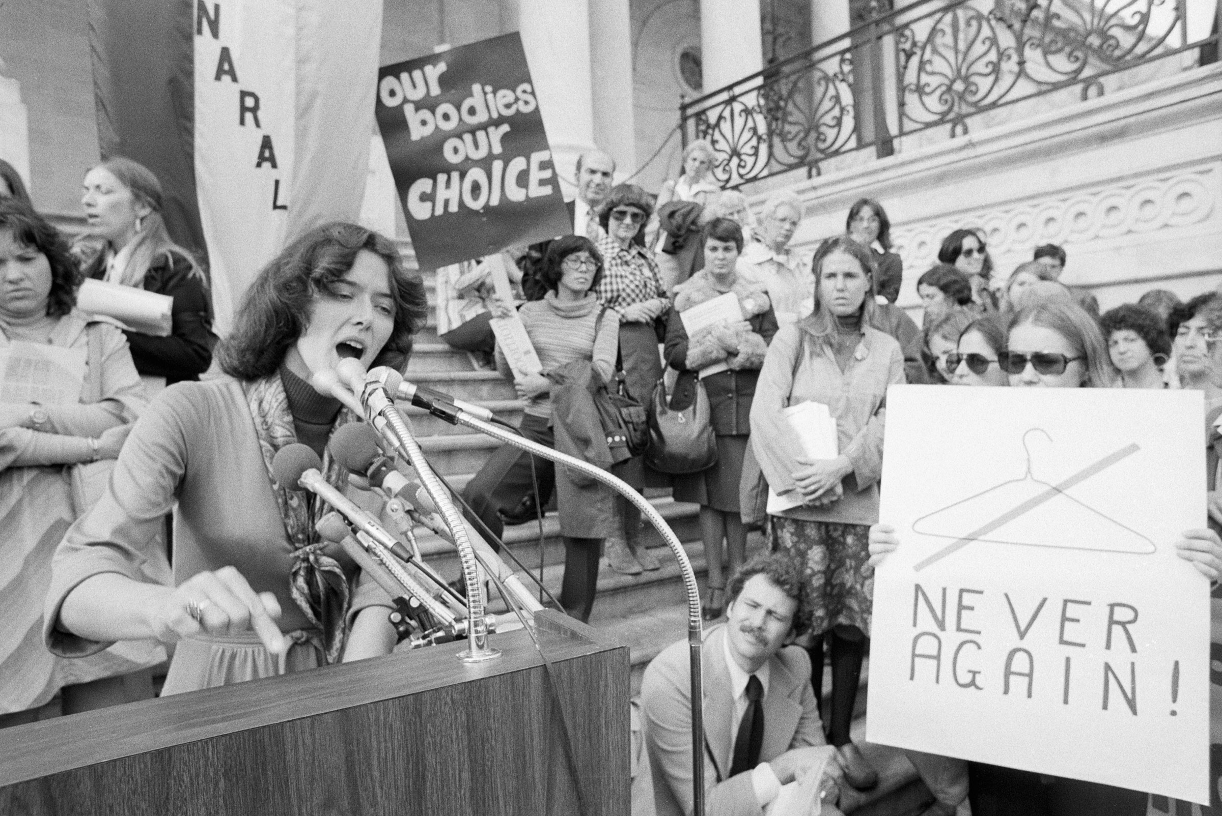 Schroeder addresses a rally of pro-abortion activists on the Capitol steps in Washington, 1977. (Bettmann Archive/Getty Images)