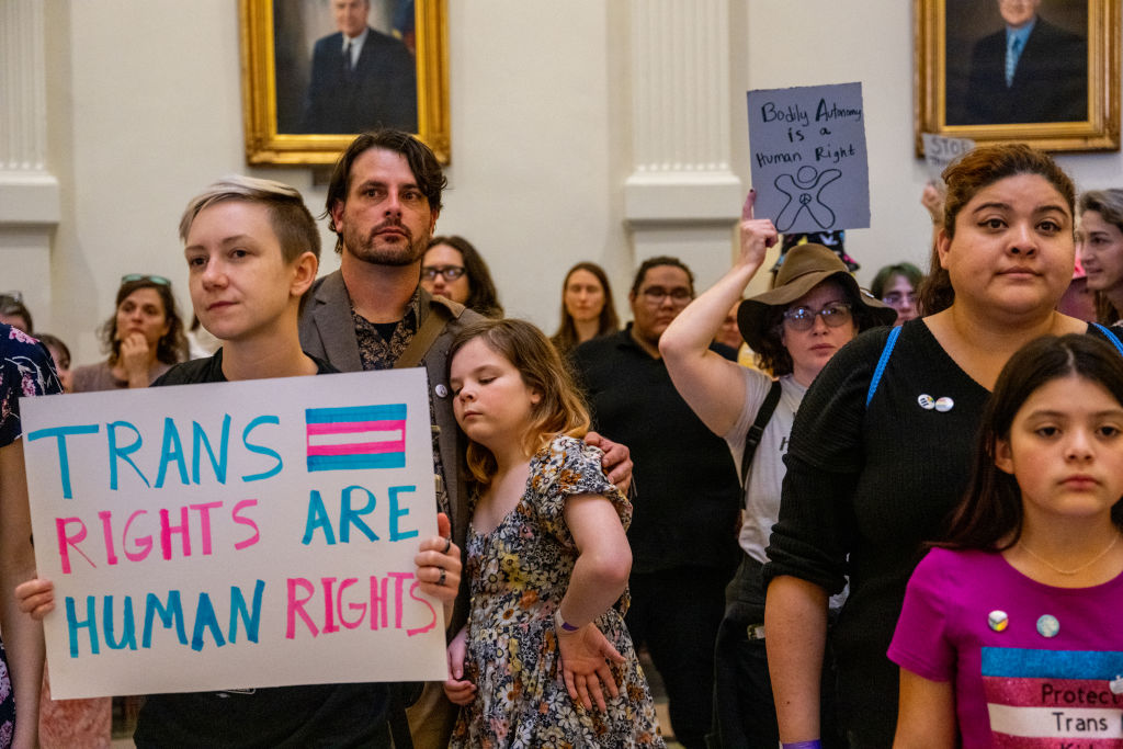 Abortion rights demonstrators and transgender rights activists gather during an International Women's Day abortion rights demonstration at the Texas State Capitol in Austin, Texas, on March 08, 2023. (Brandon Bell—Getty Images)