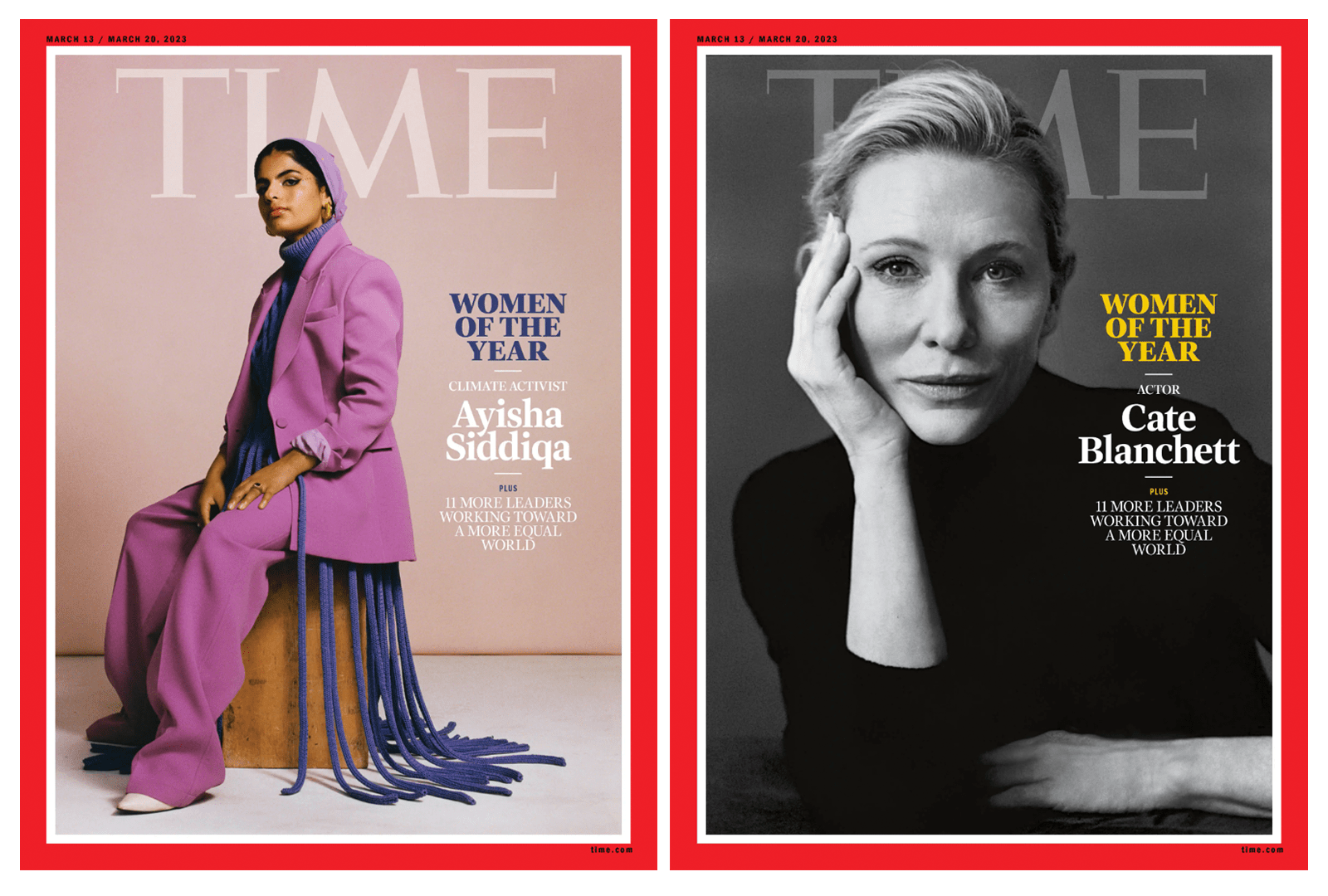 Ayisha Siddiqa and Cate Blanchett appear on the cover for TIME's 2023 Women of the Year list (Photographs by Josefina Santos (Siddiqa) and Yana Yatsuk (Blanchett) for TIME)