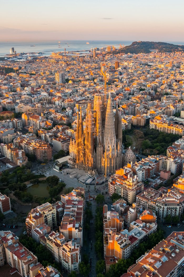 Aerial view Sagrada Familia Basilica, Barcelona, Spain.