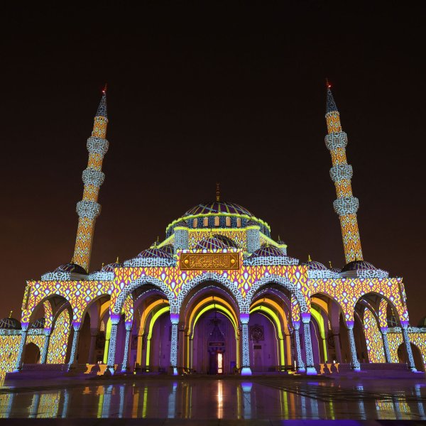 The Sharjah Mosque during the Sharjah Light Festival in the emirate of Sharjah.