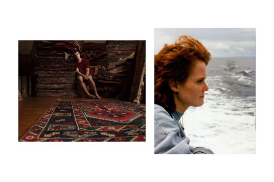 On the left, a man leans dejectedly into a tower of Turkish rugs. On the right, a red-haired woman looks out a gray ocean