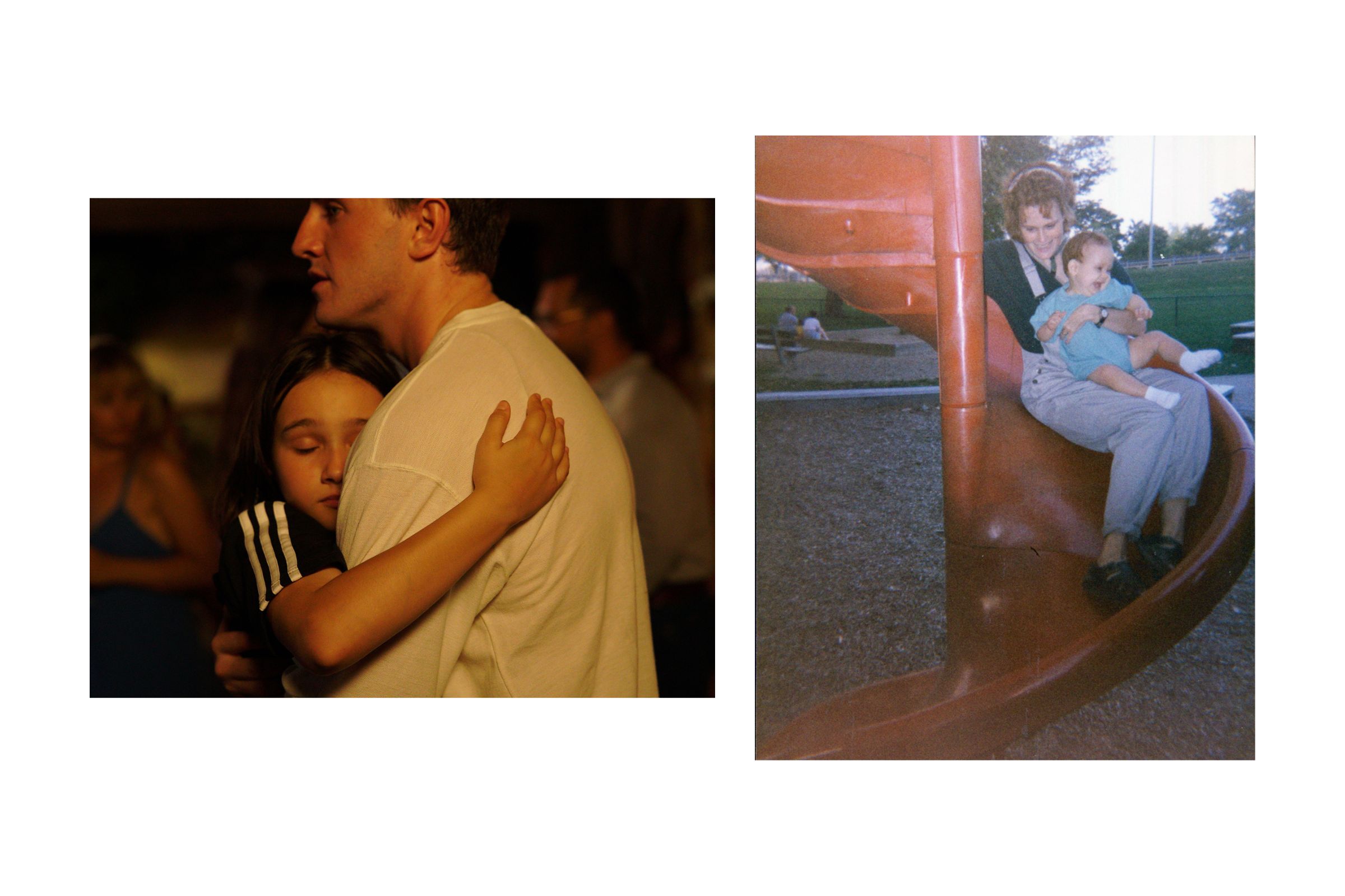 On the left, a young father hugs his young daughter, swaying to music. On the right, a mother in overalls clutches her baby, sliding down a red slide