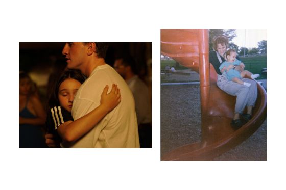 On the left, a young father hugs his young daughter, swaying to music. On the right, a mother in overalls clutches her baby, sliding down a red slide