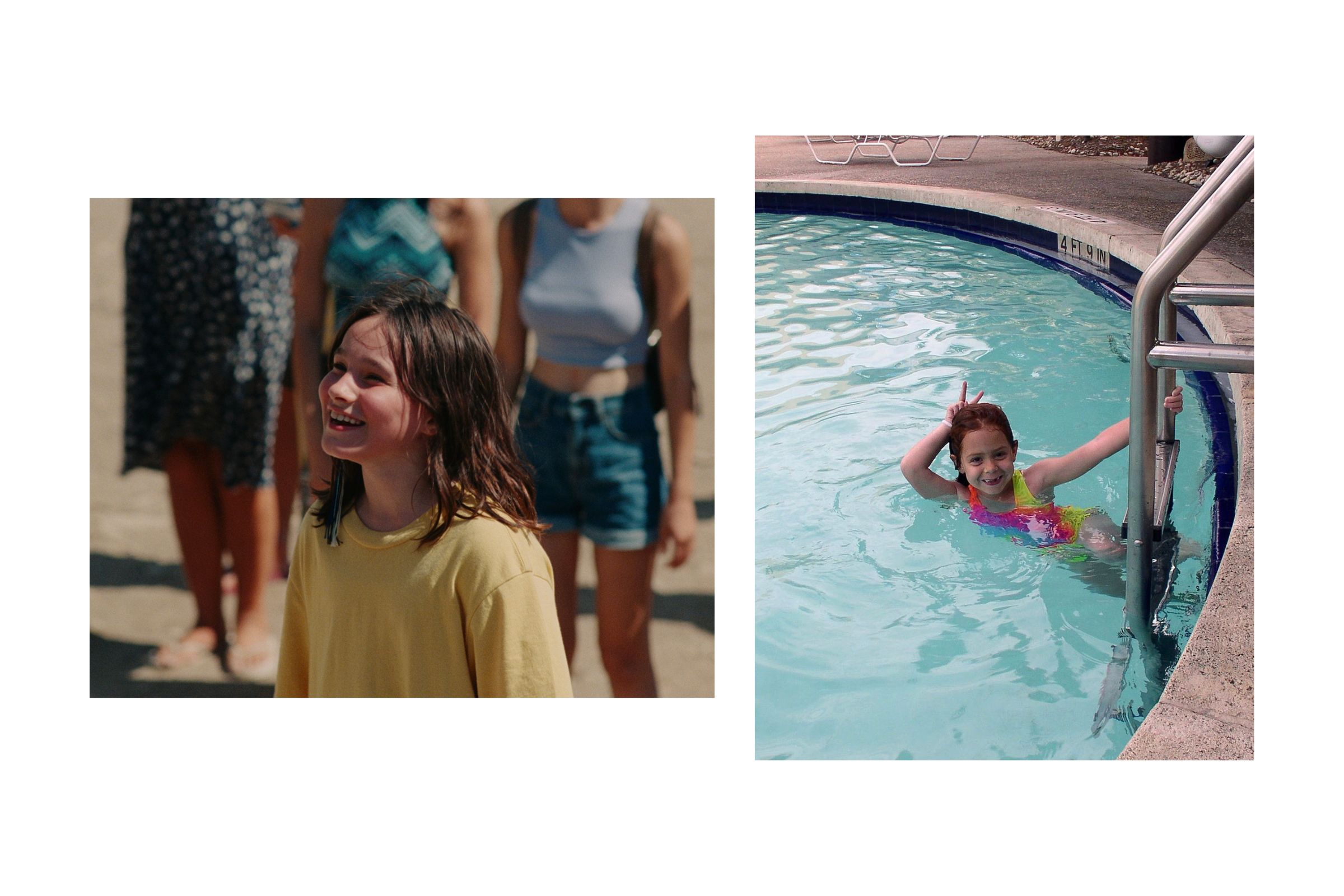 On the left, a girl in a baggy yellow T-shirt grins up at someone. On the right, a girl in a tie-dye one piece swimsuit gives herself bunny ears