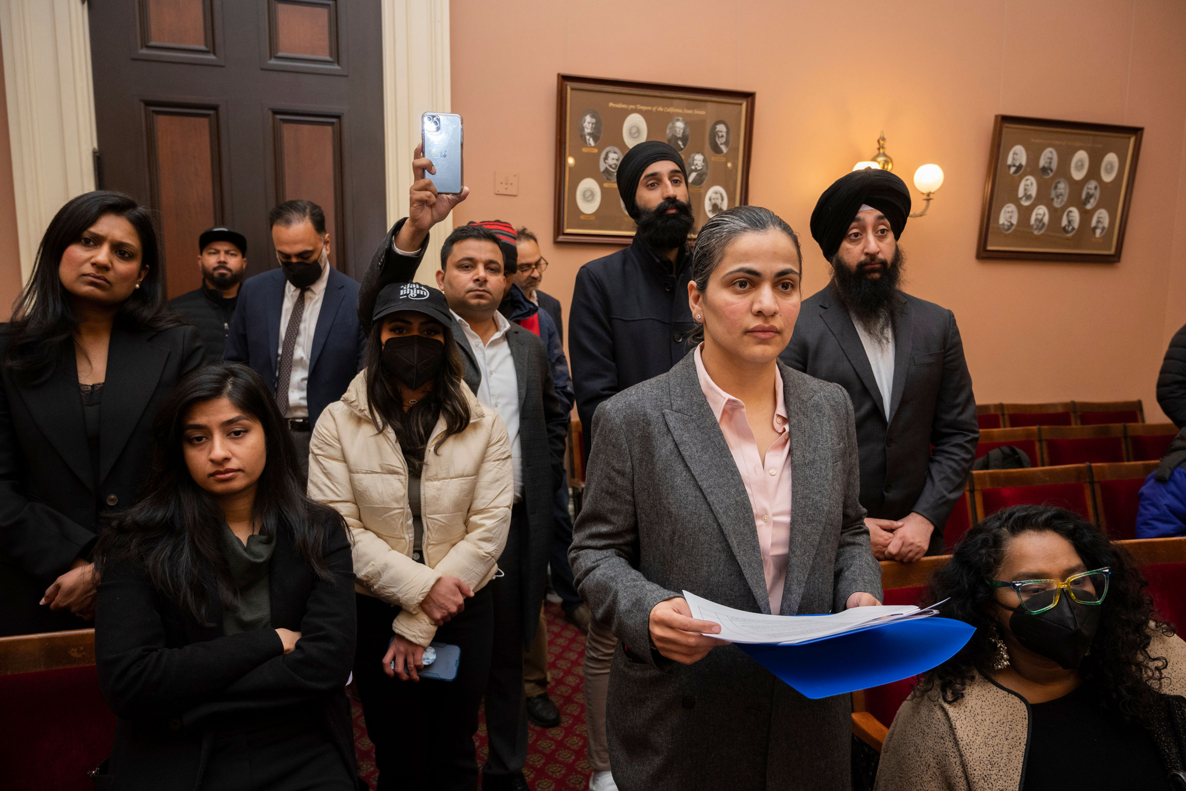 Califiornia state sen. Aisha Wahab, foreground, listens to speakers during a news conference where she proposed SB 403, a bill which adds caste as a protected category in the state’s anti-discrimination laws, in Sacramento, Calif., on March 22, 2023. (José Luis Villegas—AP)