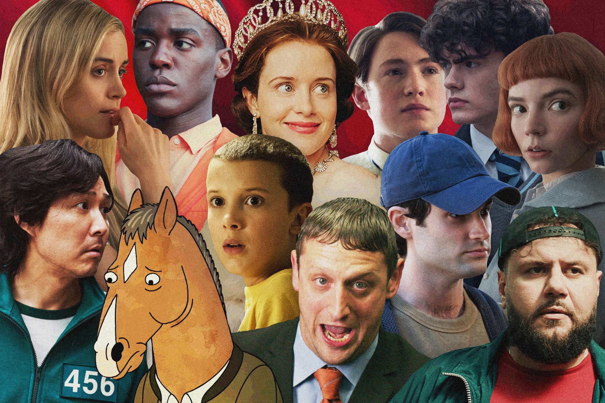 A collage of cut outs of different characters from popular Netflix shows