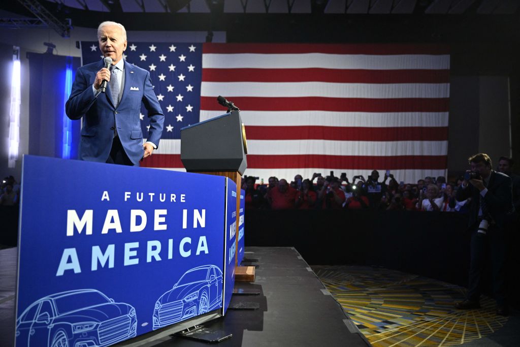 President Biden speaks at the 2022 North American International Auto Show in Detroit, Michigan, on Sept. 14, 2022 to highlight electric vehicle manufacturing. (MANDEL NGAN—AFP/Getty Images)