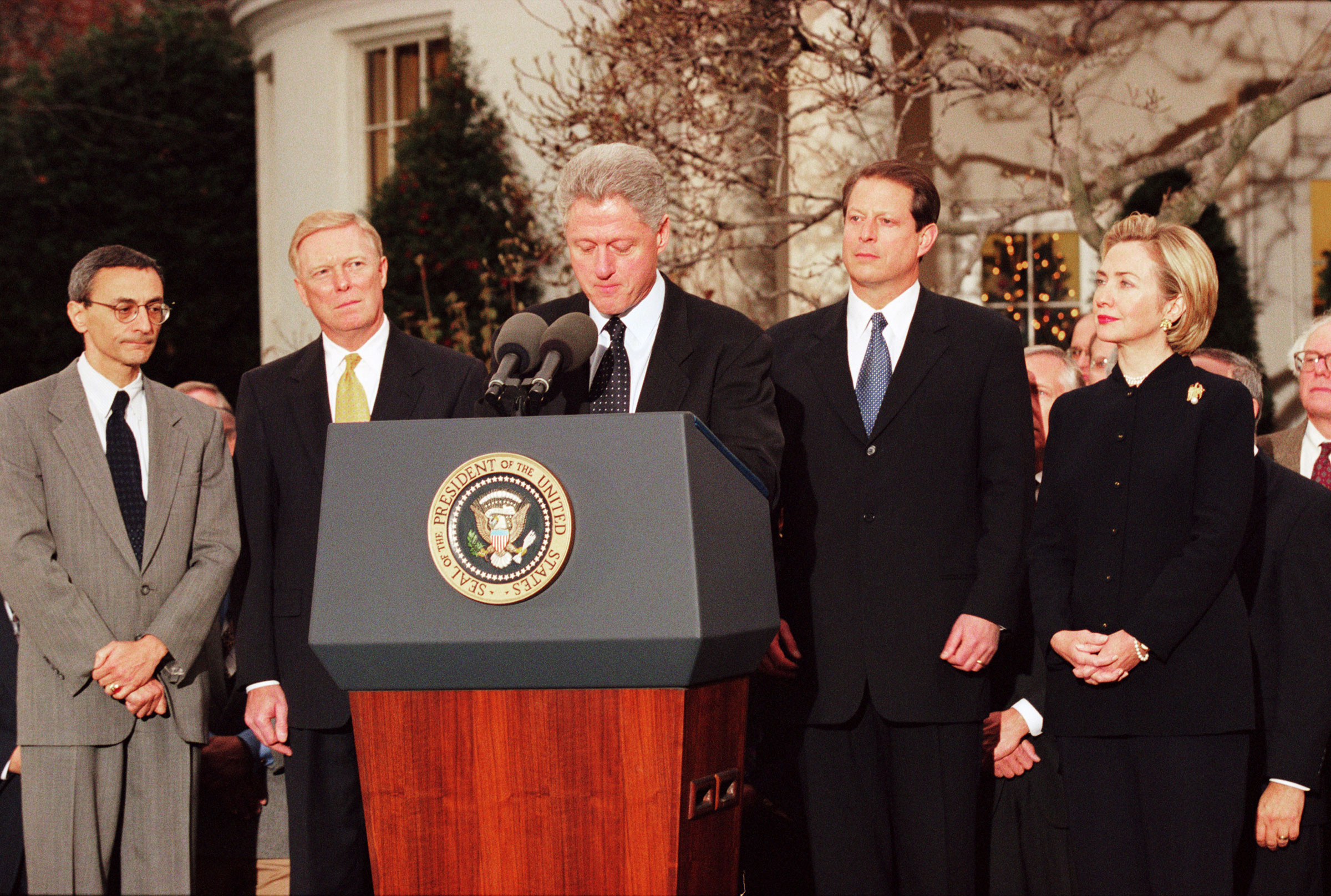 President Bill Clinton reacts to being impeached by the House of Representatives outside of the oval office in the White House Rose Garden, on Dec. 19, 1998. (David Hume Kennerly—Getty Images)