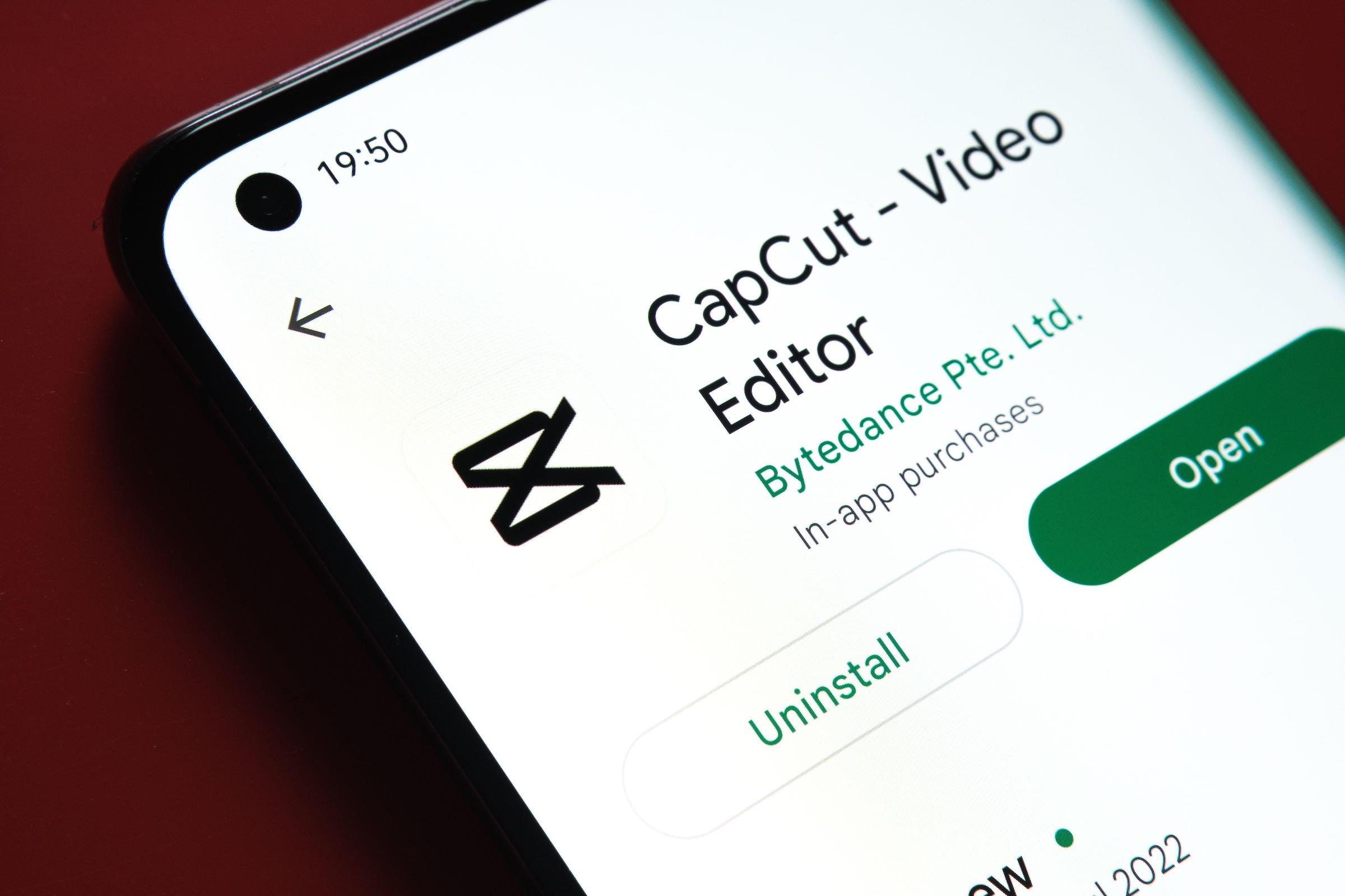 CapCut app on the mobile phone screen, Cap cut is a video editing