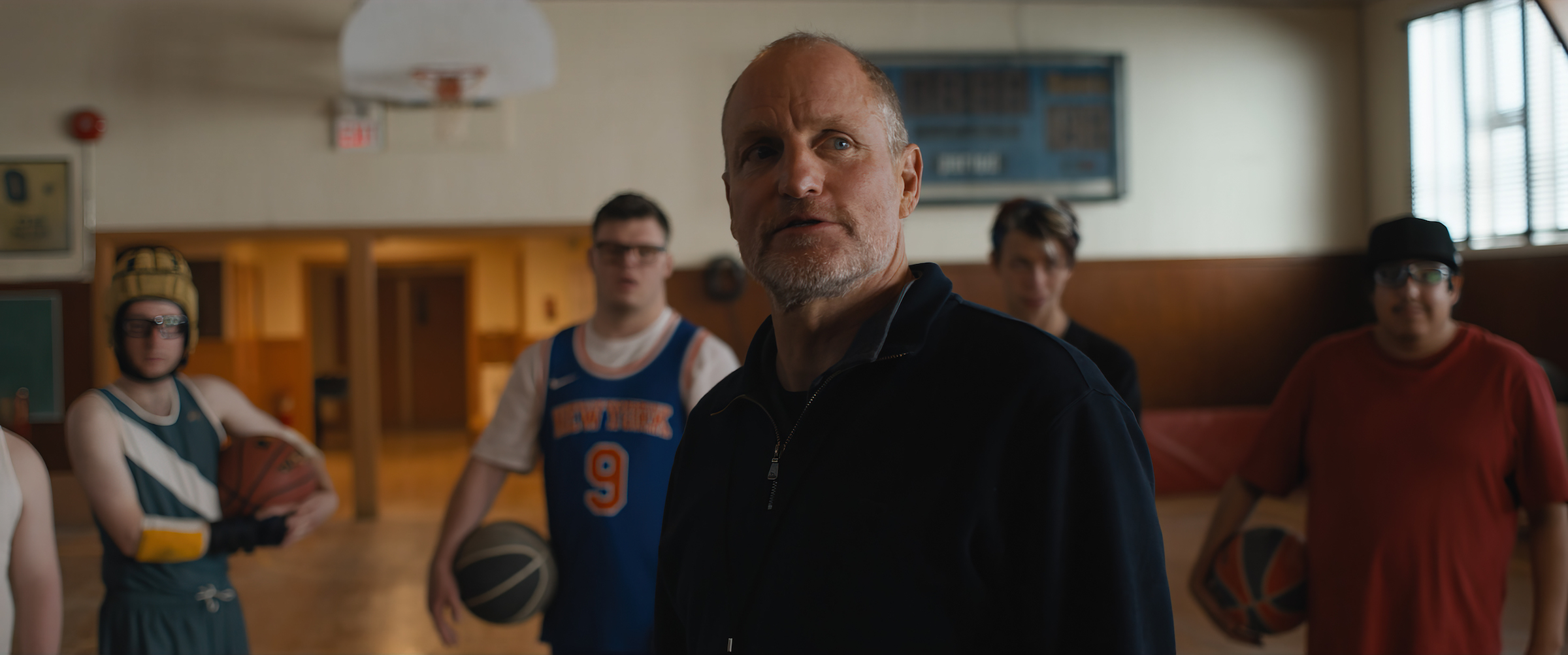 Casey Metcalfe as Marlon, James Day Keith as Benny, Woody Harrelson as Marcus, Ashton Gunning as Cody, and Tom Sinclair as Blair in 'Champions' (Courtesy of Focus Features)