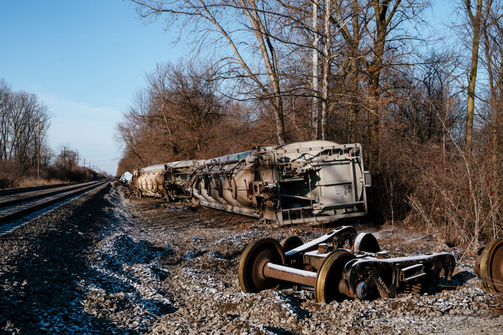 A train derails in Michigan with several cars veering off track in Van Buren Township, in Michigan, United States on Feb. 18. (Nick Hagen—Anadolu Agency/Getty Images)