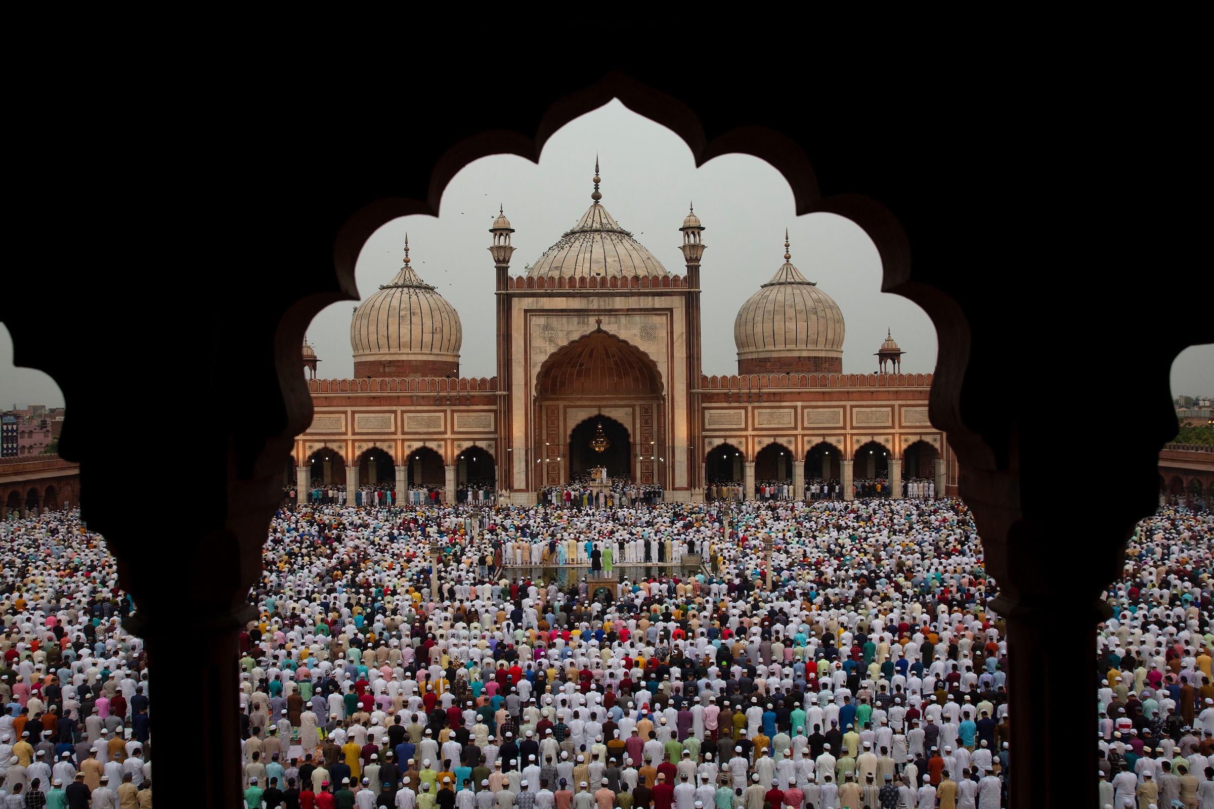 Muslims gather to offer Eid al-Fitr prayers at the Jama Masjid in New Delhi, India, May 3, 2022. Eid al-Fitr marks the end of the fasting month of Ramadan. (Javed Dar—Xinhua/Getty Images)