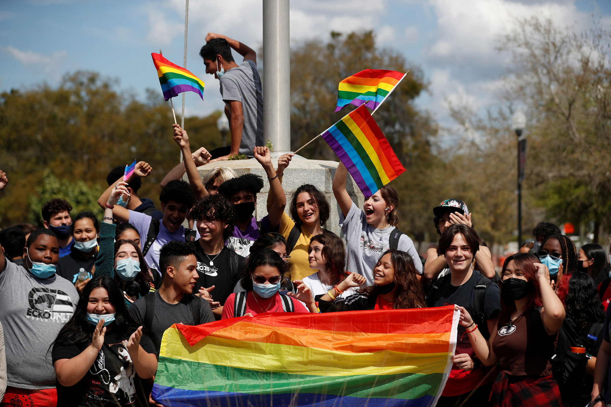 Hillsborough High School students protest a Republican-backed bill dubbed the "Don't Say Gay" that would prohibit classroom discussion of sexual orientation and gender identity, in Tampa, Fla., on March 3, 2022. (Octavio Jones—Reuters/Redux)