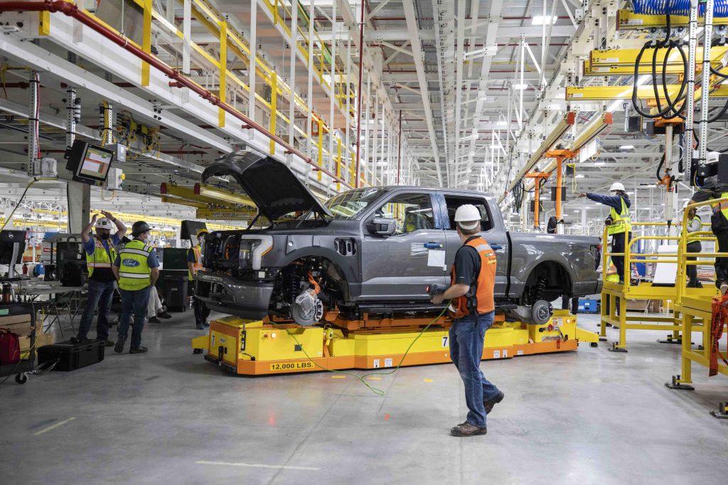 The Ford Rouge Electric Vehicle Center in Dearborn, Michigan, houses production of the all-electric Ford F-150 Lightning pickup truck. (DR/SP/Andia/Universal Images Group—Getty Images)