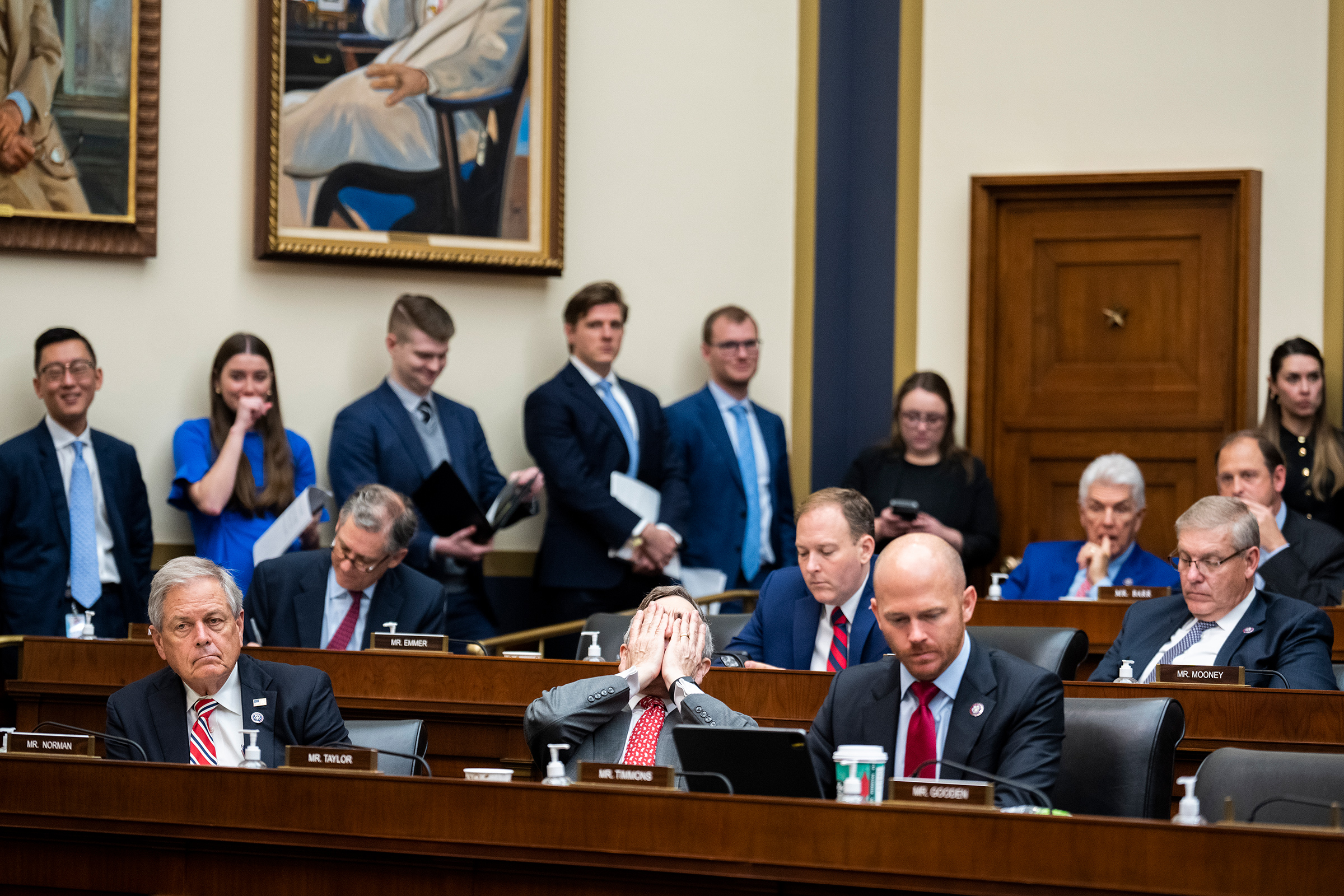 Rep. Van Taylor, R-Texas, reacts to the statement of John J. Ray III, CEO of FTX Group, that FTX used QuickBooks for accounting, during the House Financial Services Committee hearing titled "Investigating the Collapse of FTX, Part I," on Dec. 13, 2022. Ray took over after the resignation of Sam Bankman-Fried. (Tom Williams—CQ Roll Call/AP)