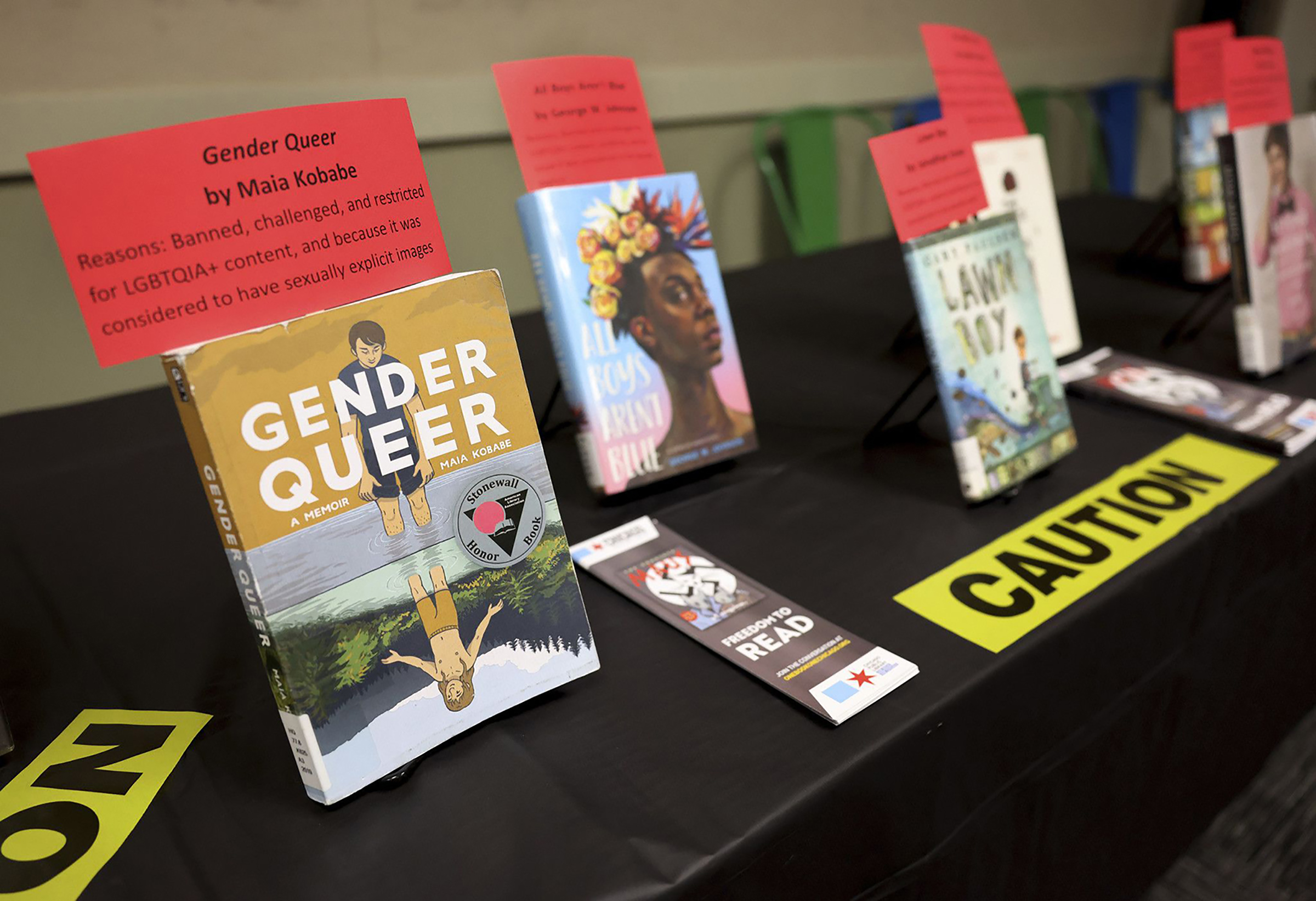 A selection of banned and challenged books during Banned Books Week 2022, at the Lincoln Belmont branch of the Chicago Public Library on Sept. 22, 2022. (Chris Sweda—Chicago Tribune/TNS/Getty Images)