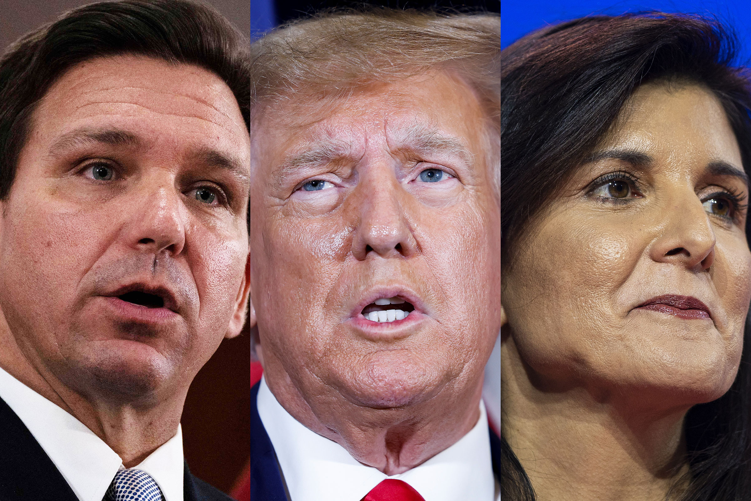 Florida Governor Ron DeSantis; Former President Donald Trump; Former ambassador to the United Nations Nikki Haley (Cheney Orr—AFP/Getty Images; Anna Moneymaker—Getty Images; Al Drago—Bloomberg/Getty Images)