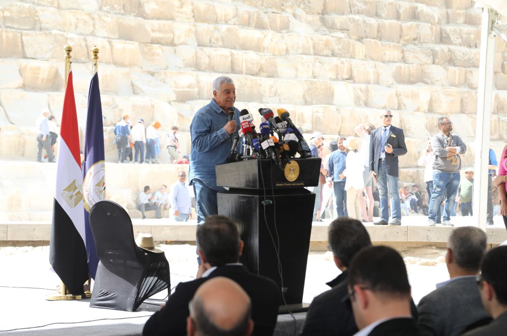 Former Minister of State for Antiquities Affairs of Egypt Zahi Hawass speaks to the press about the new secret passage in Giza, Egypt on March 02, 2023. (Fareed Kotb—Anadolu Agency/Getty Images)