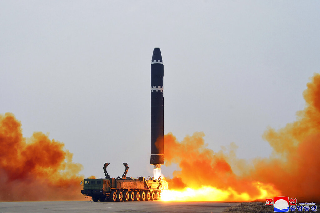 This unverified photo, provided by the North Korean government, shows what it says was a test launch of a Hwasong-15 intercontinental ballistic missile at Pyongyang International Airport, Saturday, Feb. 18, 2023. (Korean Central News Agency/Korea News Service/AP)