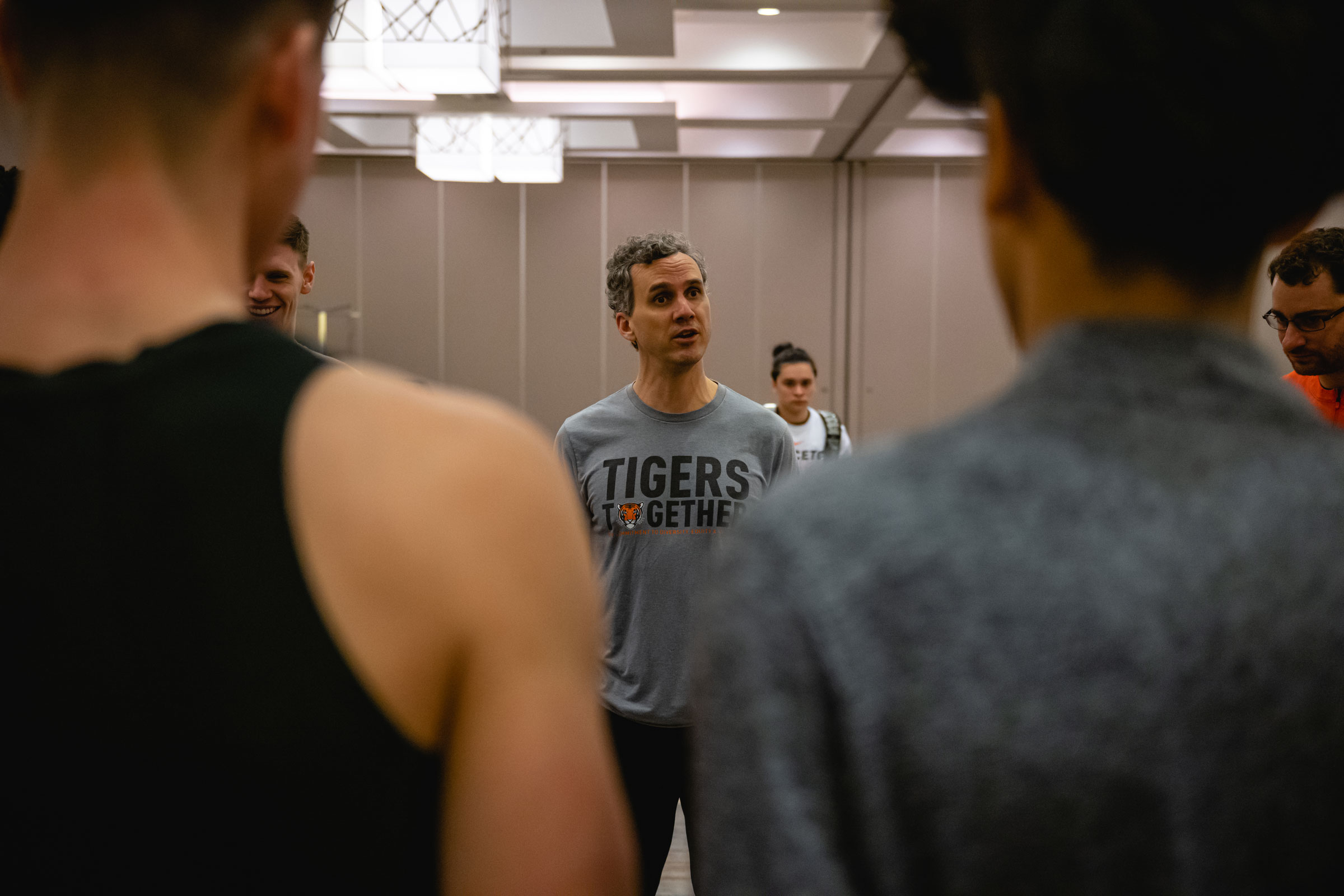 Coach Mitch Henderson speaks with the team during a practice session at Hyatt Regency Hotel in Louisville, Kentucky on March 23, 2023.