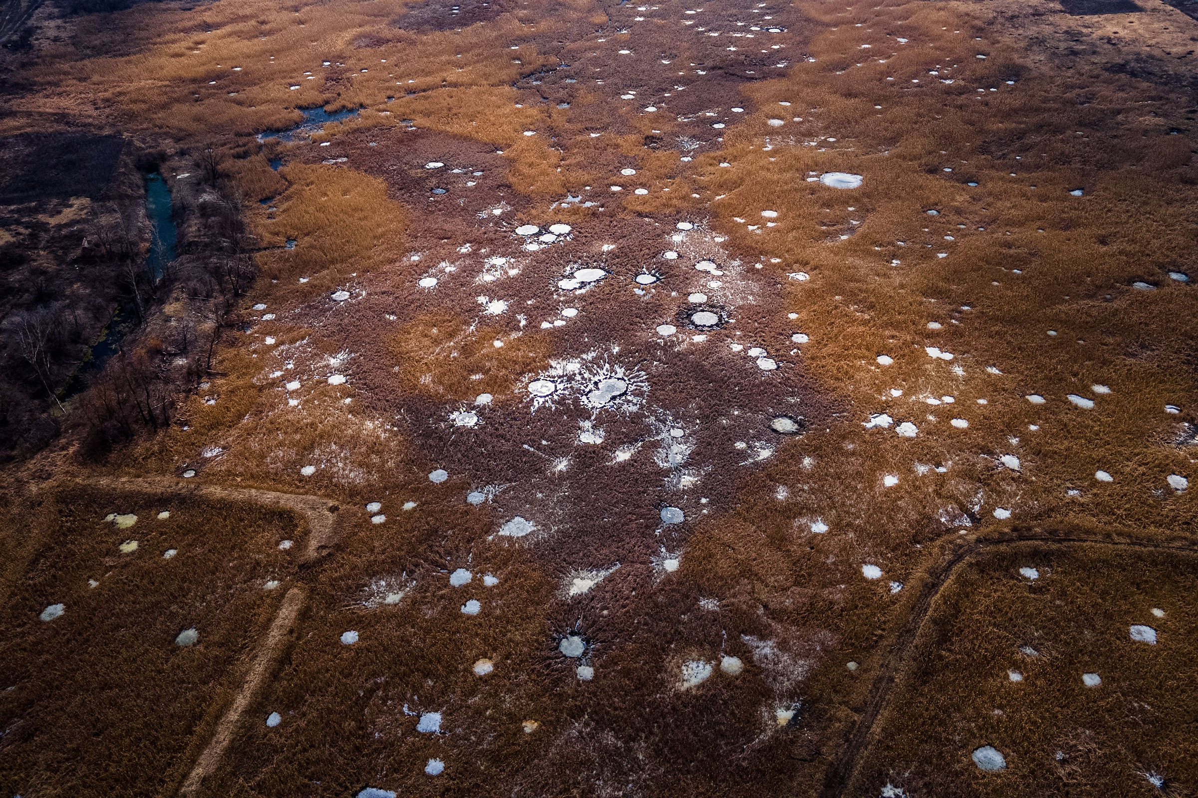 This aerial photograph taken on March 10 shows crater holes in the fields in Dolyna village, Donetsk region, Ukraine, following strikes amid the Russian invasion. (Ihor Tkachov—AFP/Getty Images)