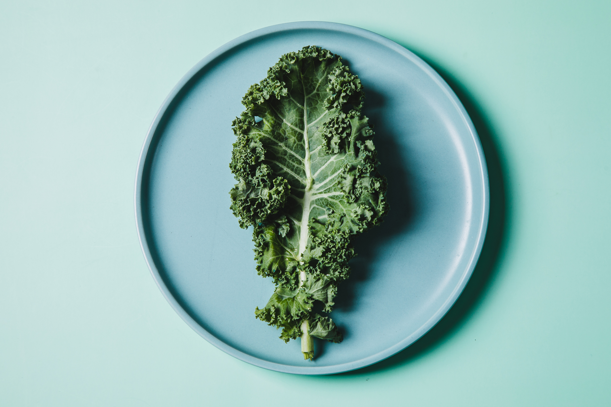 overhead view of kale on a plate against green background