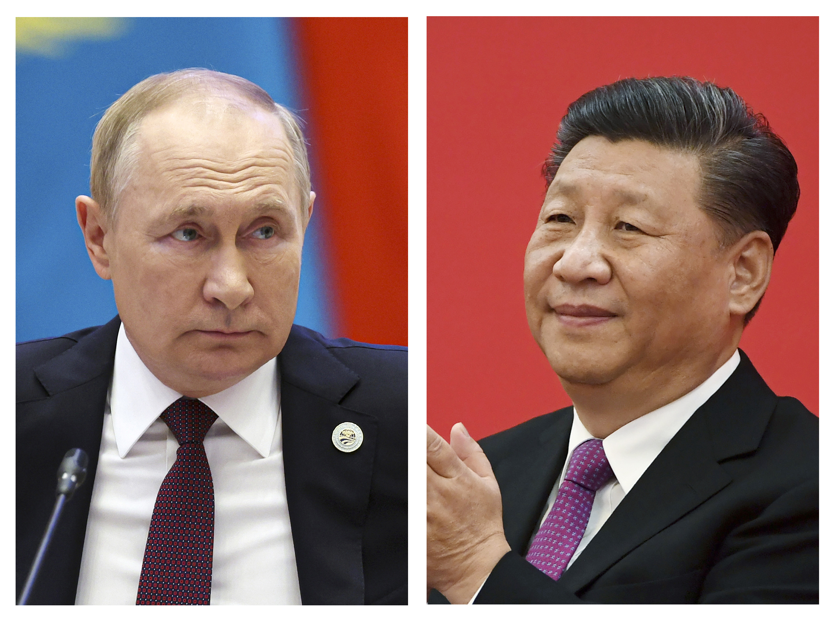 This combination photo shows Russian President Vladimir Putin, left, in Samarkand, Uzbekistan, on Sept. 16, 2022, and China's President Xi Jinping in Beijing on Dec. 2, 2019. (Sergei Bobylev, Noel Celis–AP/Pool Photos)