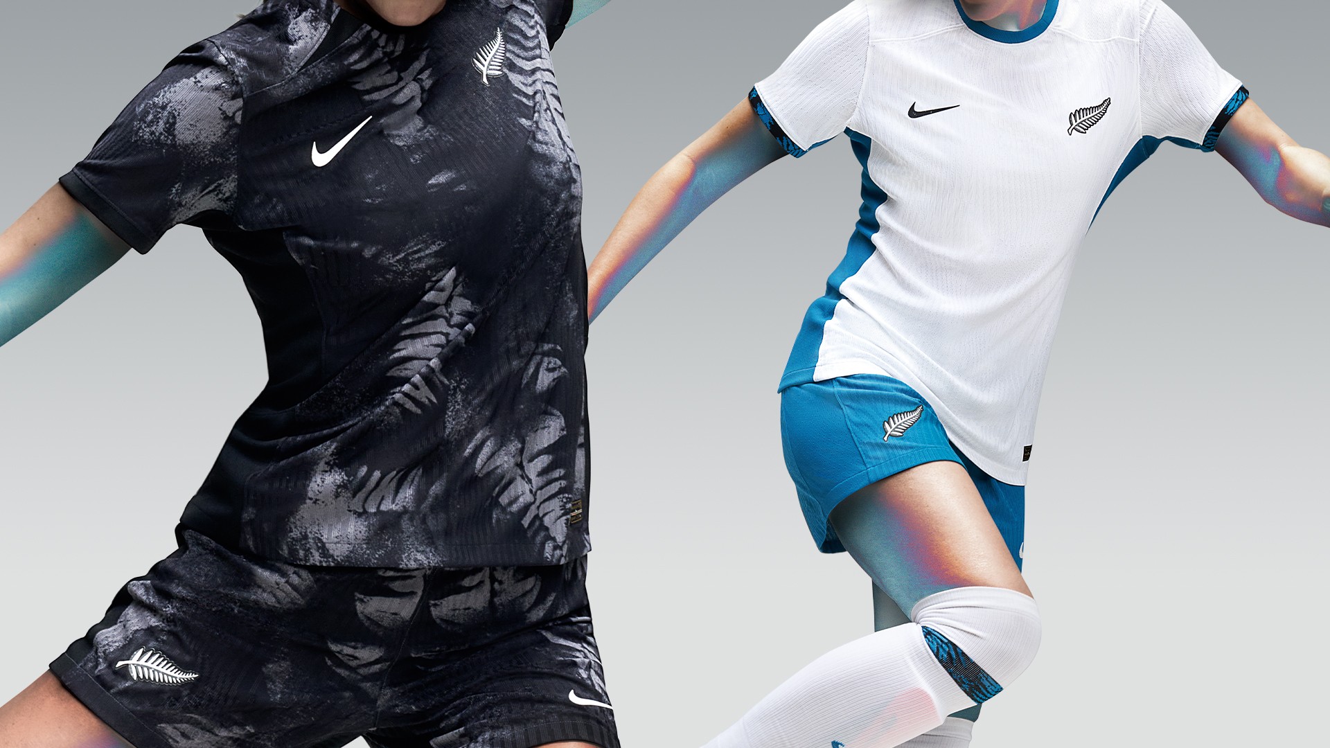 The new home and away kits, featuring black and blue shorts, respectively, of the New Zealand women's national soccer team. (Nike)