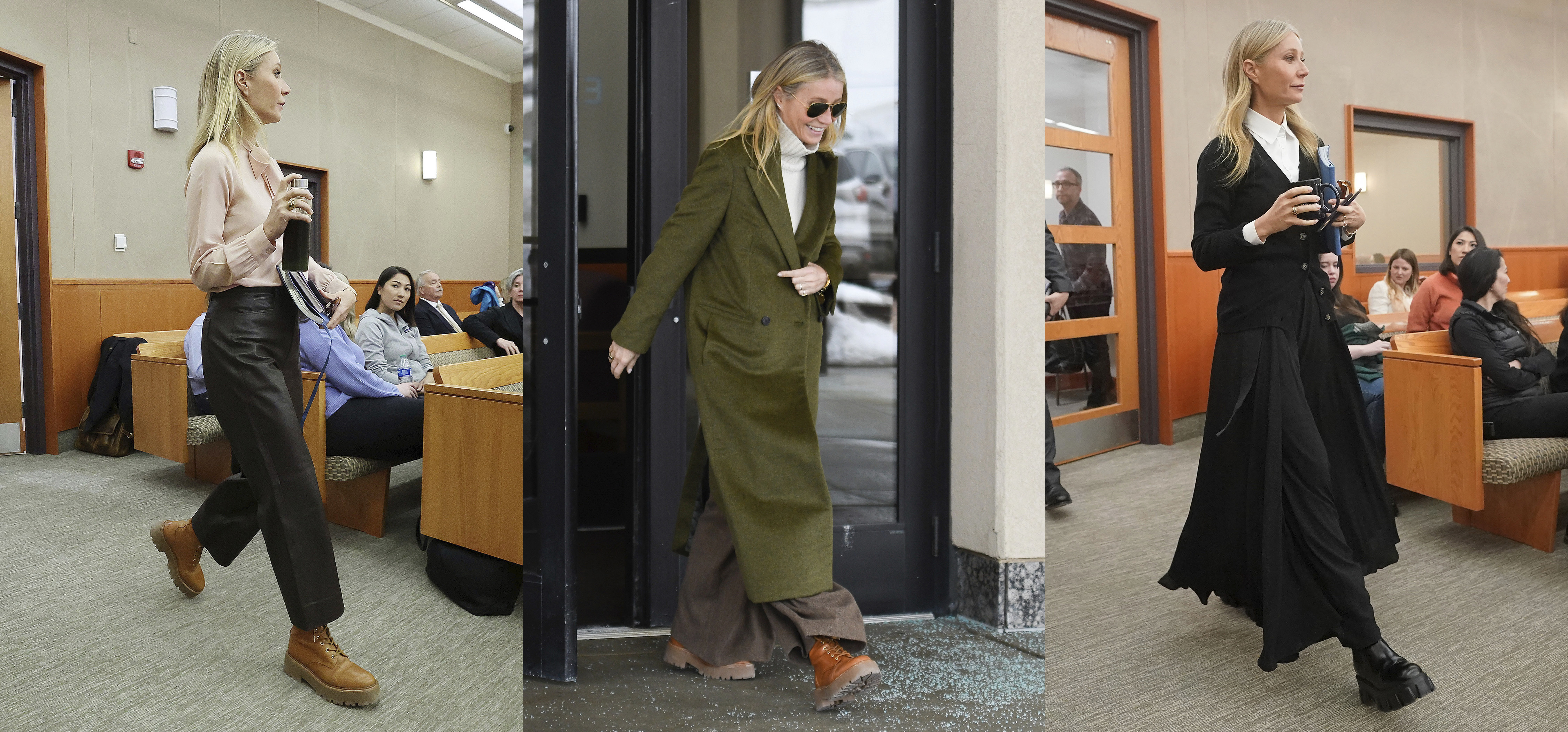 Esta combinación de fotos muestra a la actriz Gwyneth Paltrow en la corte para su juicio en Park City, Utah, el 28 de marzo de 2023, de izquierda a derecha, 21 y 27 de marzo.  etiquetas de precios está teniendo un momento.  (AP)
