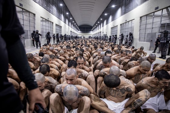 A second group of 2,000 detainees are moved to the mega-prison Terrorist Confinement Centre (CECOT) in Tecoluca, El Salvador on March 15, 2023.