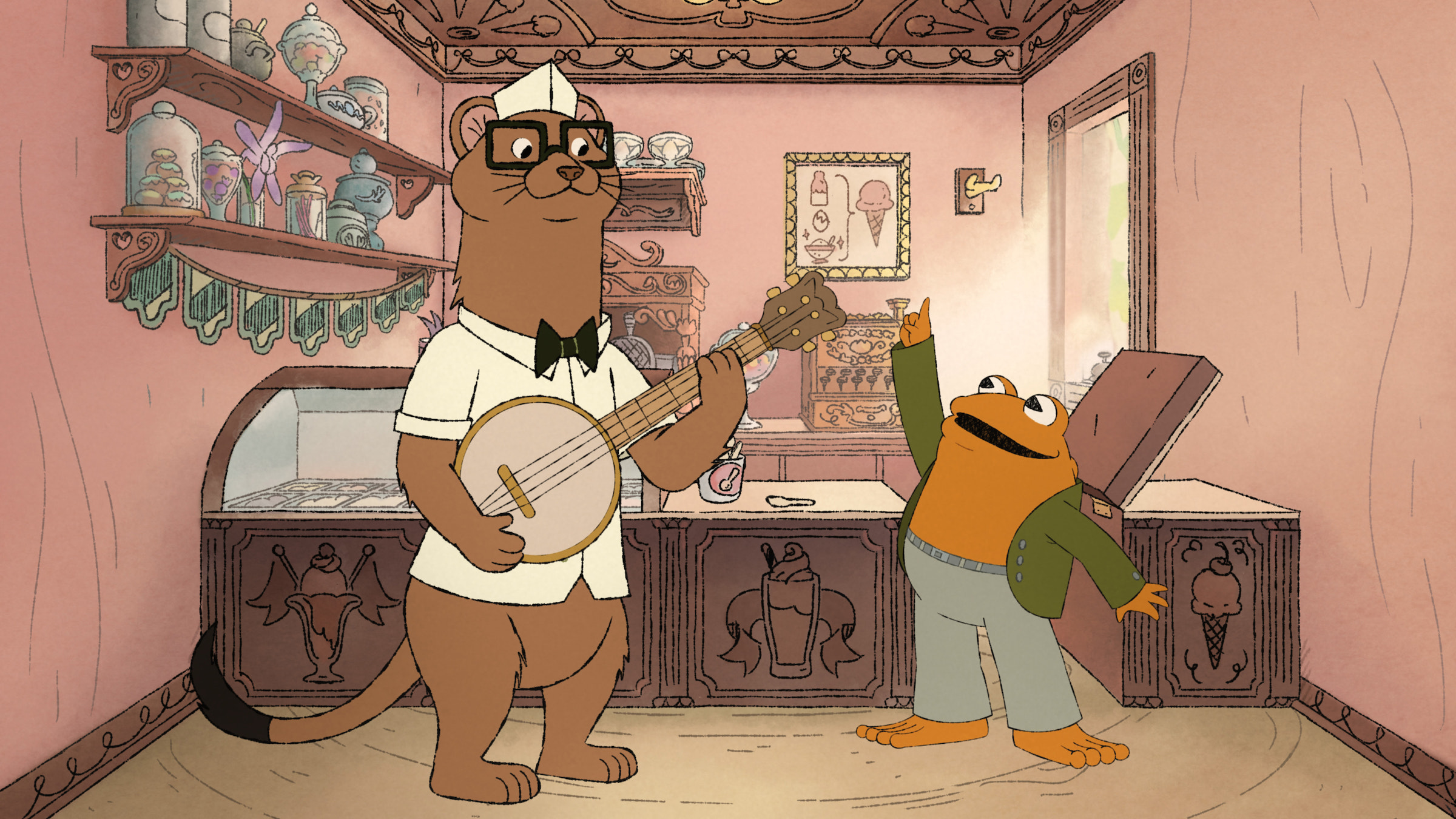 Mink (Tom Kenny) sings Toad (Kevin Michael Richardson) a song listing all of his ice cream flavors. (Courtesy of Apple TV+)