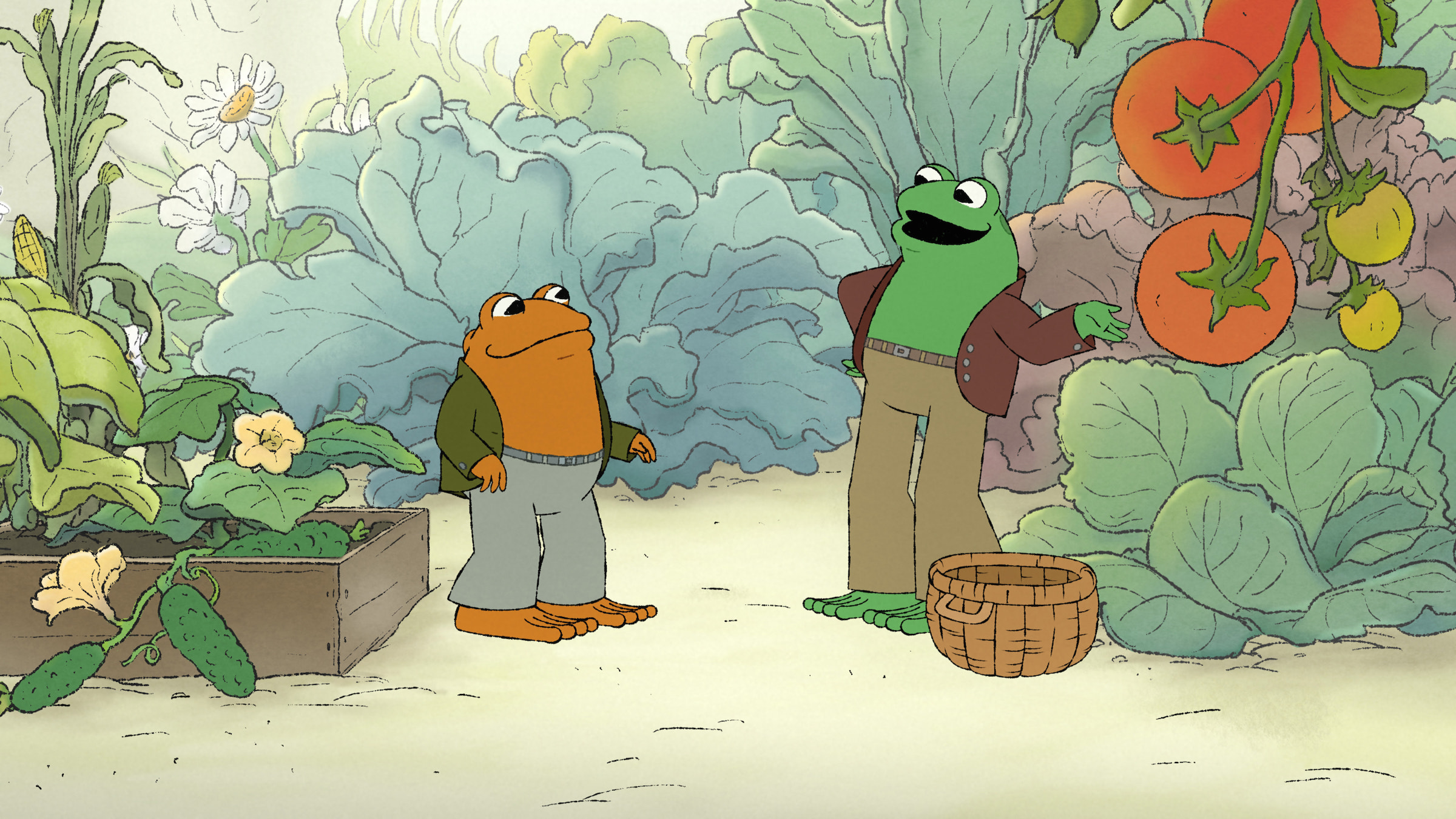 Toad (Kevin Michael Richardson) and Frog (Nat Faxon) harvest Frog's ripe summer veggies. (Courtesy of Apple TV+)