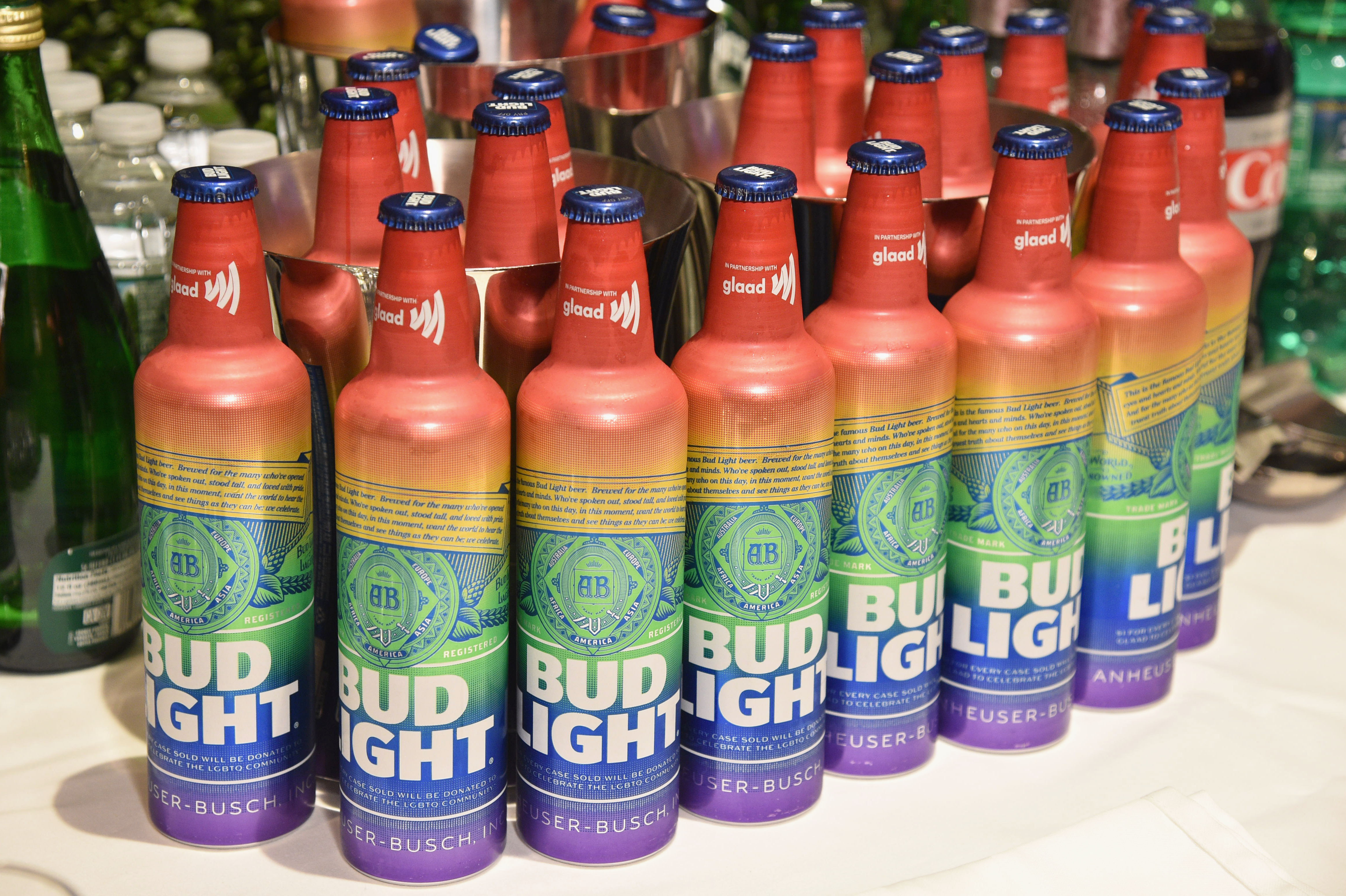 NEW YORK, NEW YORK - MAY 04: A view of rainbow bottles of Bud Light during the 30th Annual GLAAD Media Awards New York at New York Hilton Midtown on May 04, 2019 in New York City. (Photo by Bryan Bedder/Getty Images for GLAAD) (Getty Images for GLAAD&mdash;2019 Getty Images)