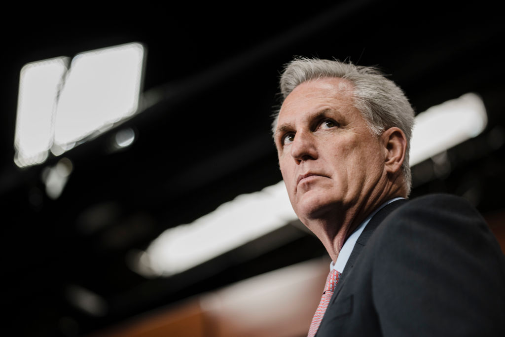 House Minority Leader Kevin McCarthy (R-CA) attends a House Republican Conference news conference as members pack the stage on Capitol Hill on Thursday, Jan. 20, 2022 in Washington, DC. (Kent Nishimura—Los Angeles Times/Getty Images)